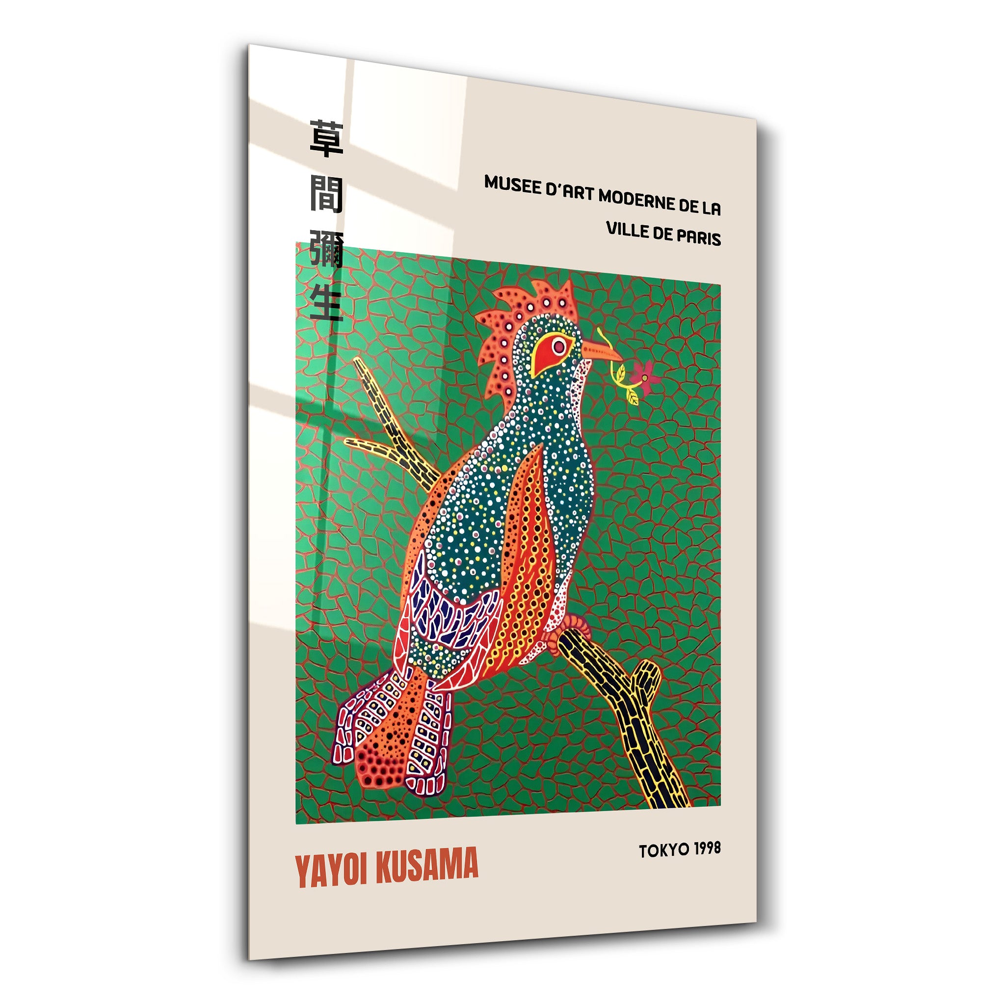 Colorful Yayoi Kusama Tropical Bird glass wall art by Artdesigna featuring vibrant Japanese pop art design on clear glass.