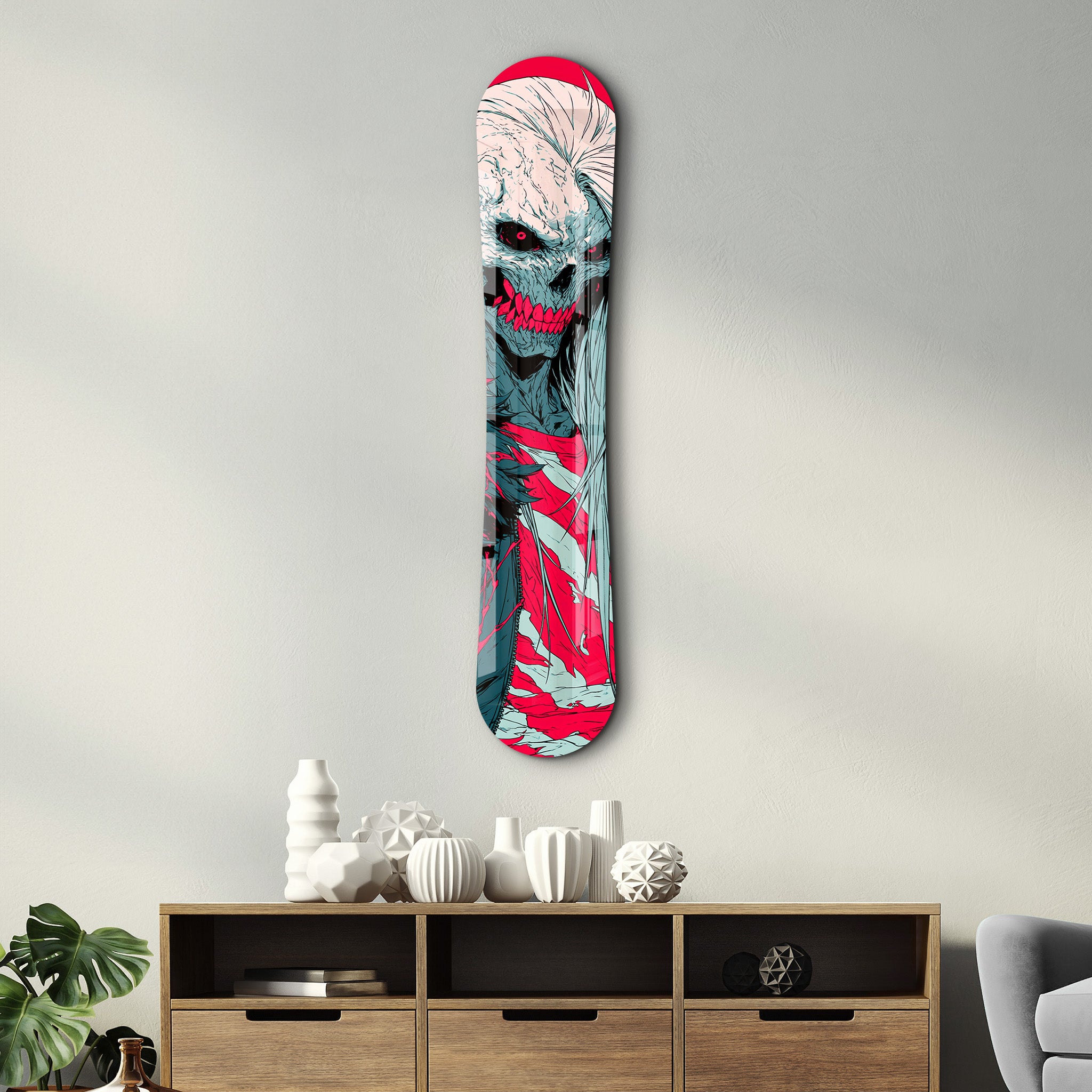 Neon Reaper snowboard glass wall art by Artdesigna featuring a vibrant, detailed reaper design on clear glass.
