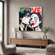 Artdesigna Love Urban Kiss Square Glass Wall Art featuring vibrant urban kiss design on clear glass surface