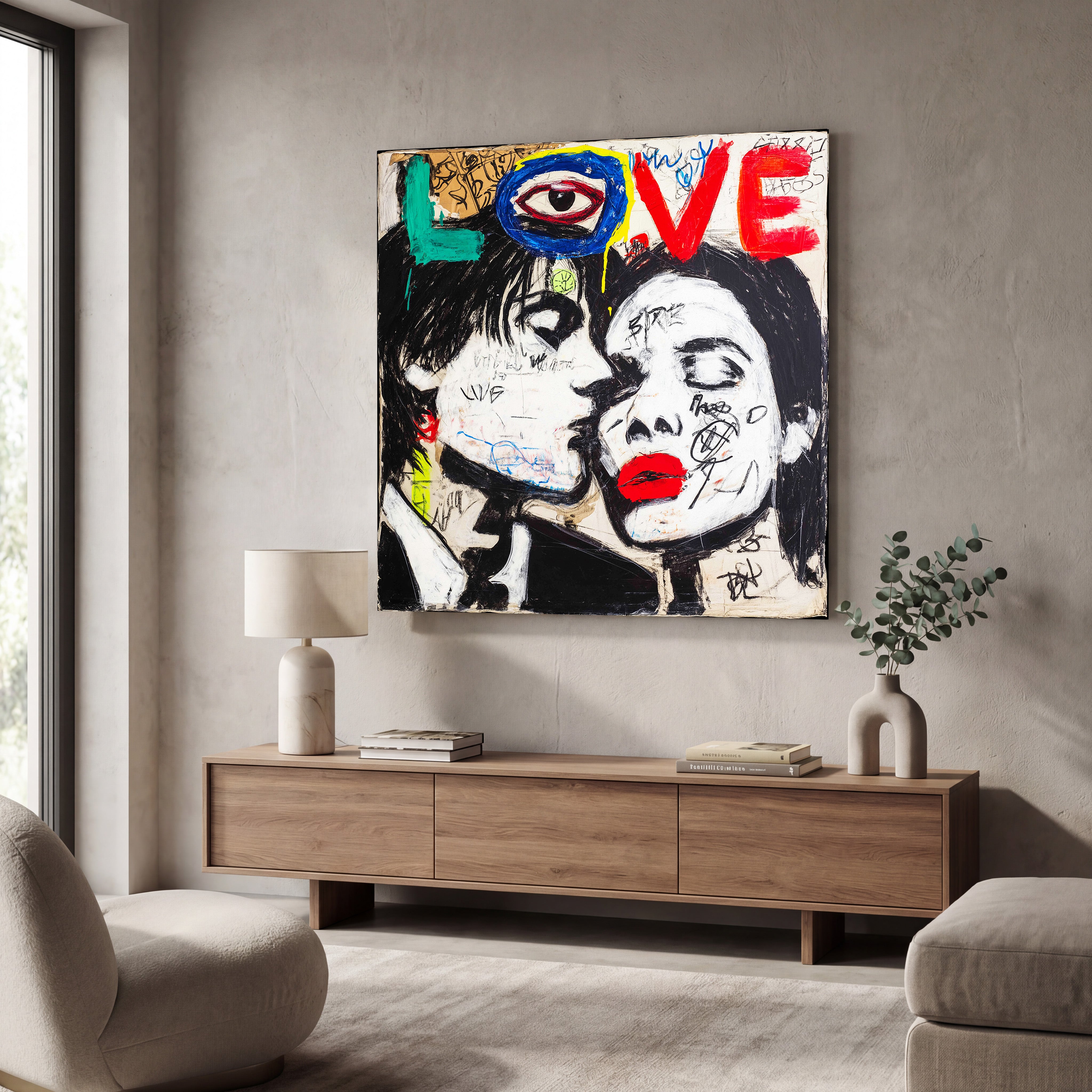 Artdesigna Love Urban Kiss Square Glass Wall Art featuring vibrant urban kiss design on clear glass surface