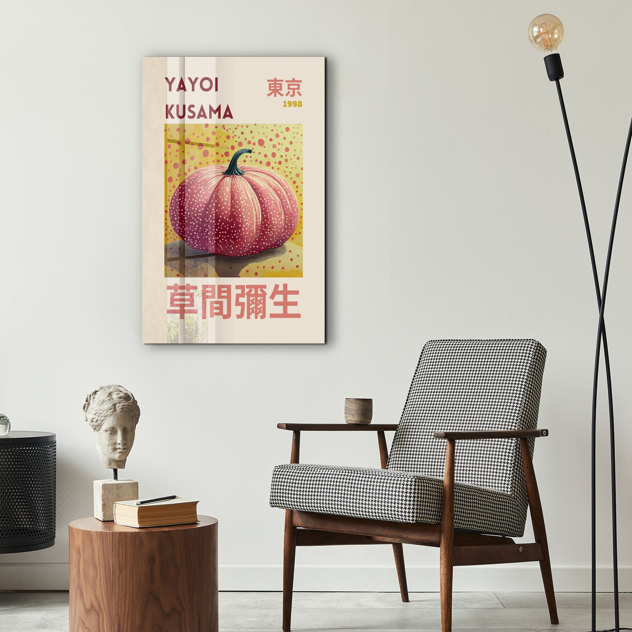 Yayoi Kusama Pumpkin poster as glass wall art, featuring vibrant pop art design by Artdesigna.