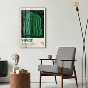 Green pumpkin glass wall art by Artdesigna featuring Yayoi Kusama's Japanese pop art style, displayed on a wall.