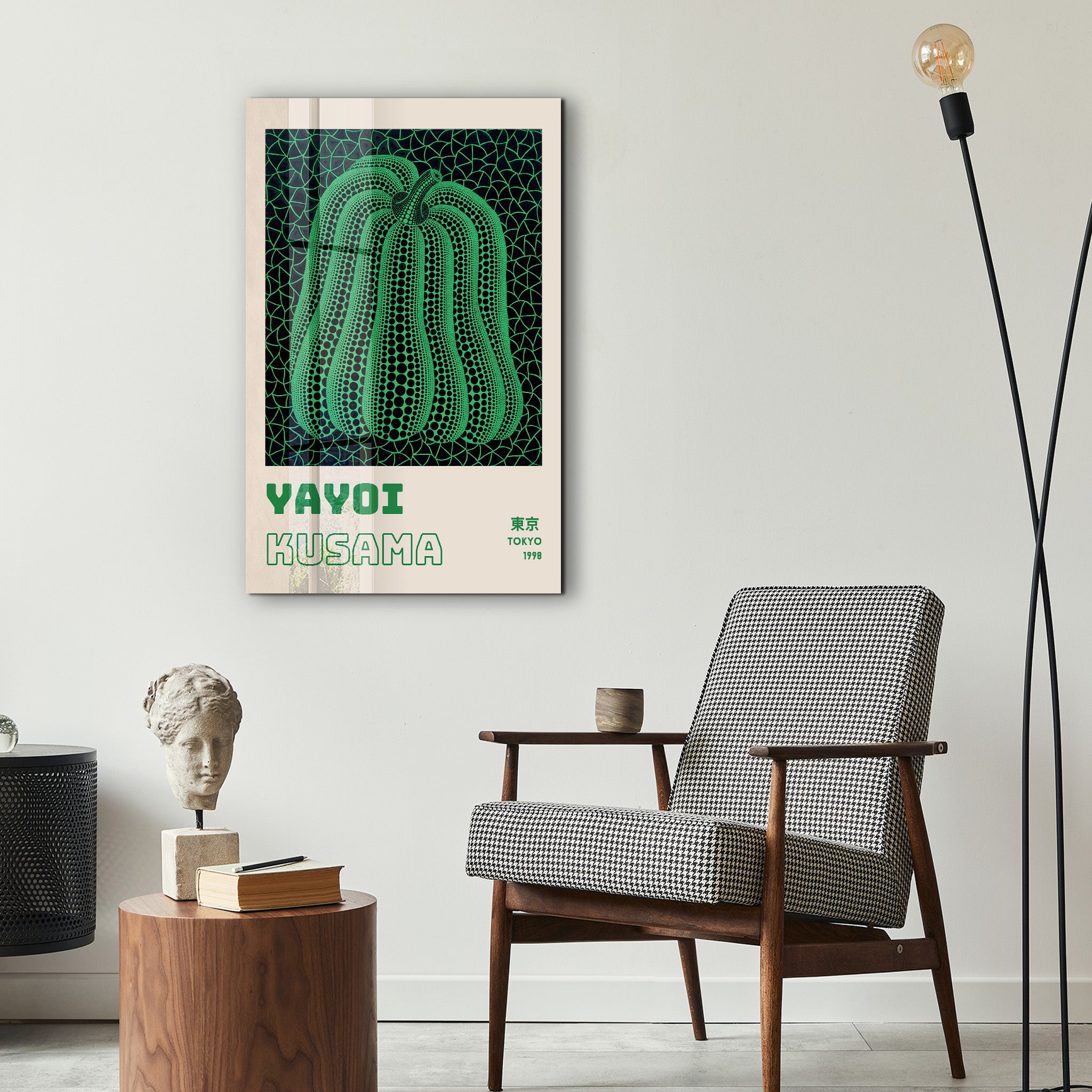 Green pumpkin glass wall art by Artdesigna featuring Yayoi Kusama's Japanese pop art style, displayed on a wall.