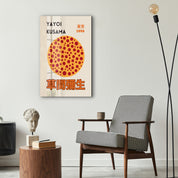 Colorful Yayoi Kusama polka dot sun glass wall art by Artdesigna featuring vibrant pop art design on clear glass surface.