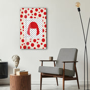 Glass wall art featuring Yayoi Kusama-inspired red wig design in Japanese pop art style by Artdesigna.