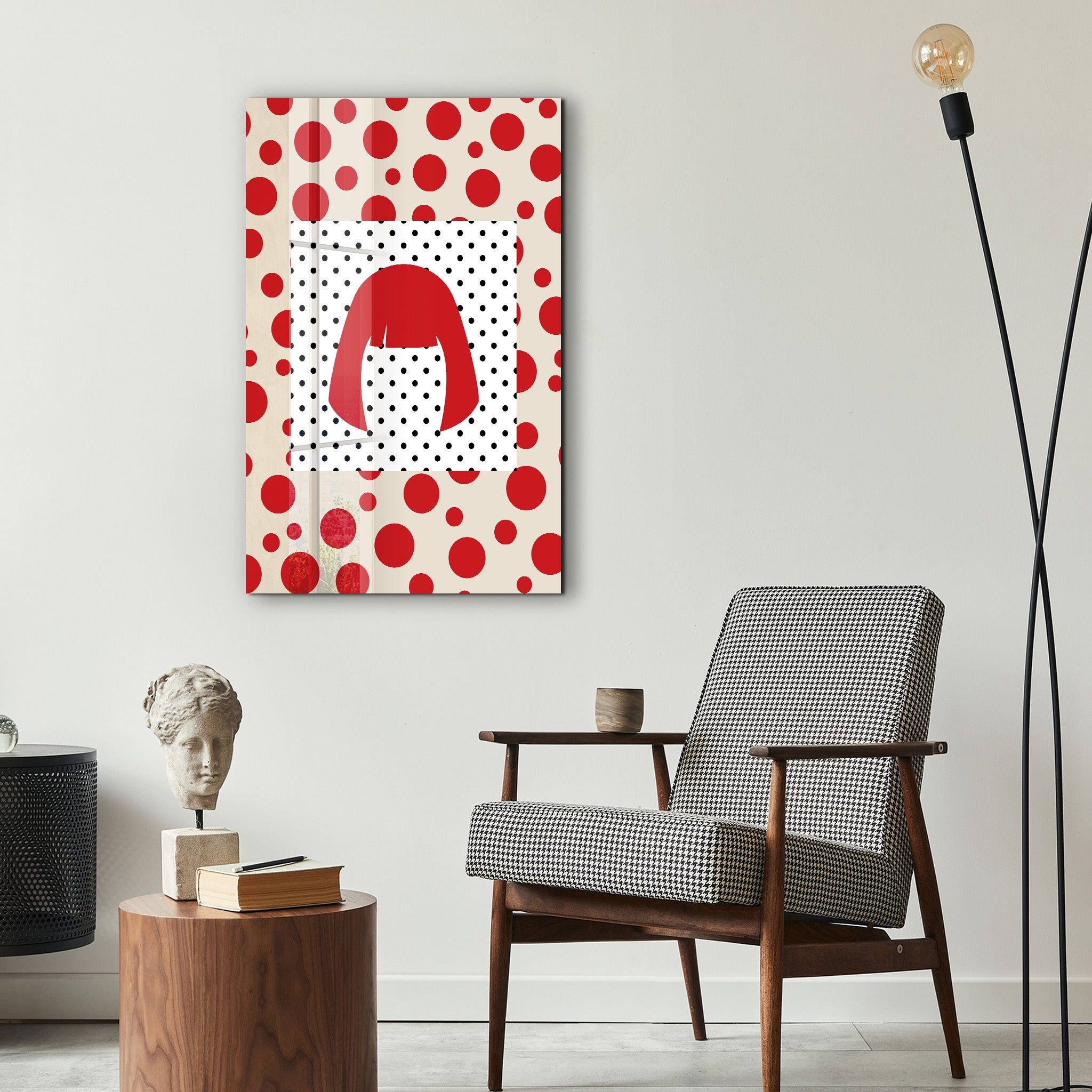 Glass wall art featuring Yayoi Kusama-inspired red wig design in Japanese pop art style by Artdesigna.