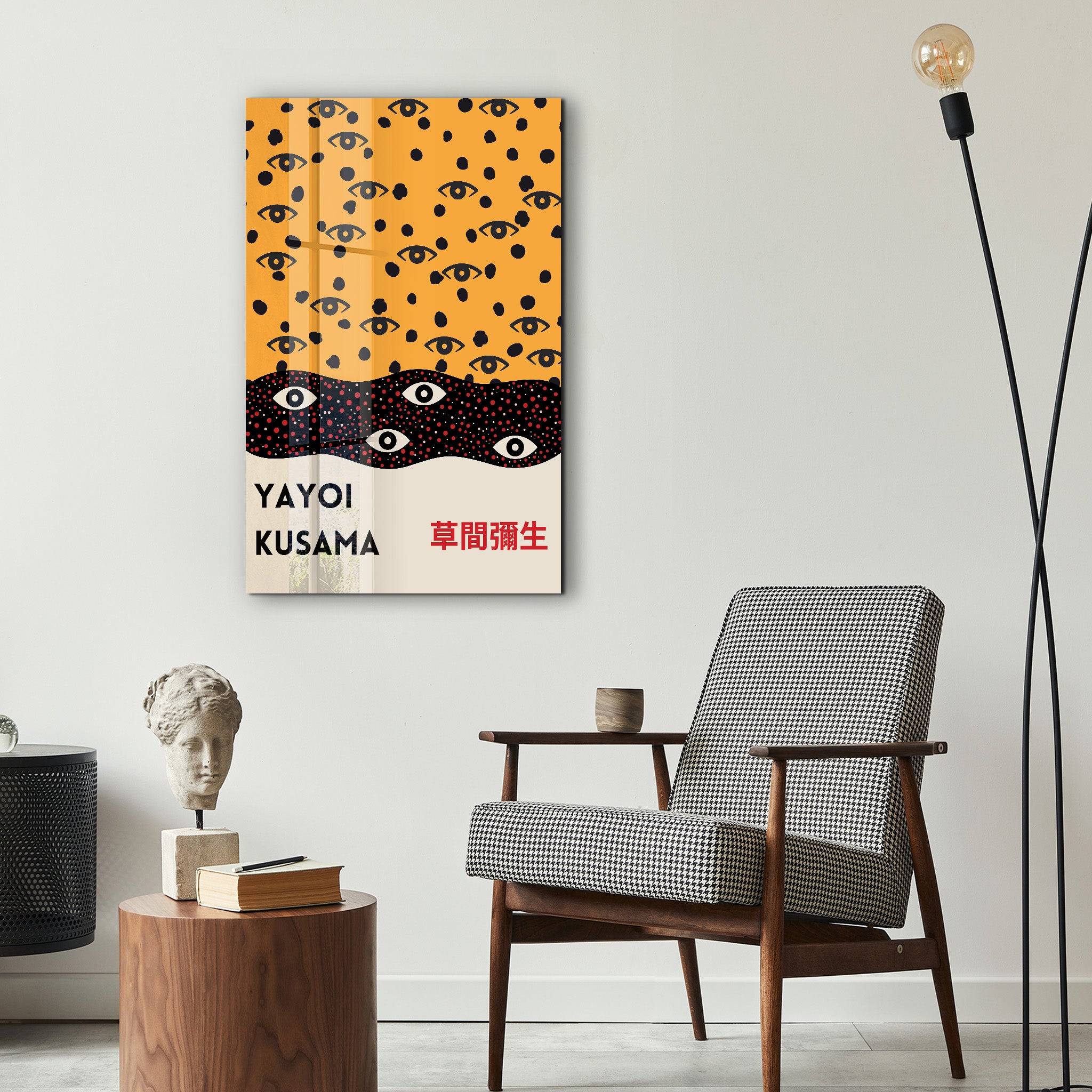 Yayoi Kusama Infinite Eyes glass wall art by Artdesigna featuring vibrant, pop art design with colorful eye patterns on transparent glass