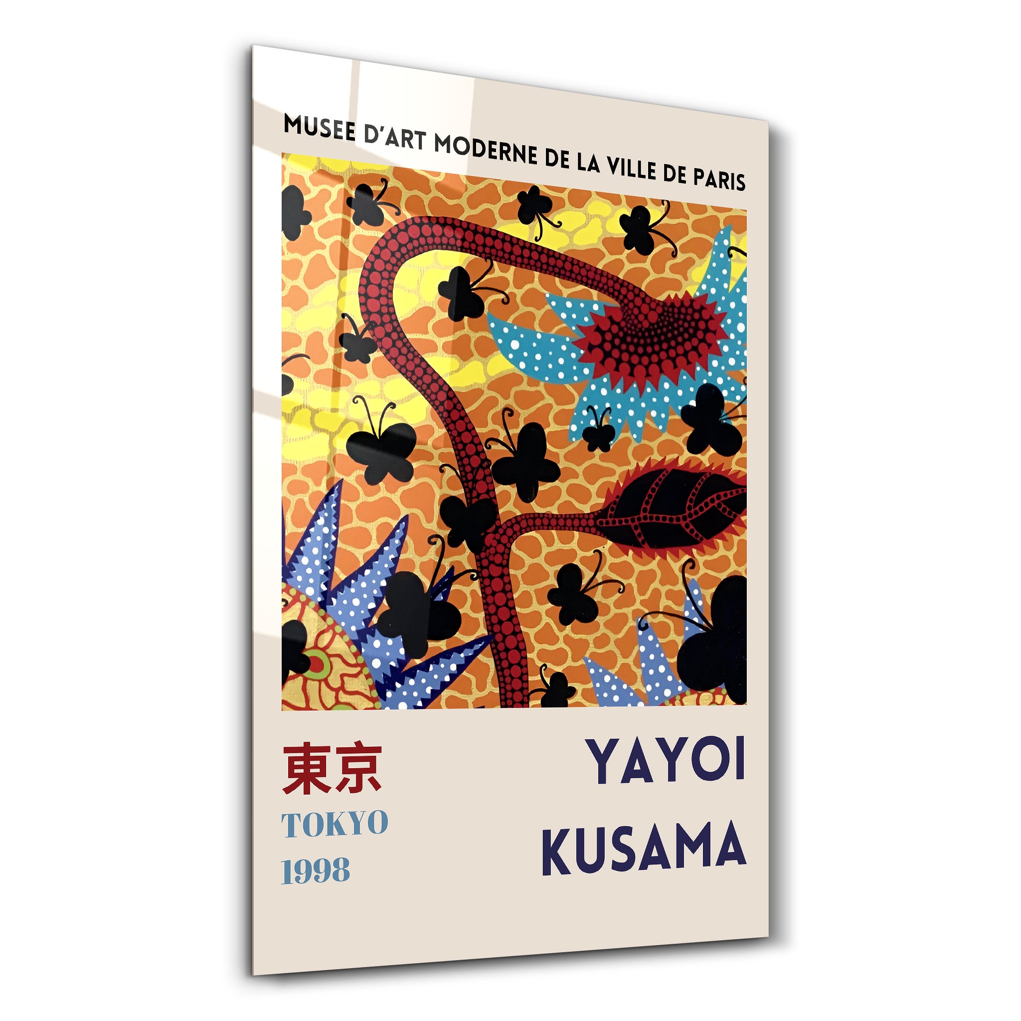 Colorful glass wall art featuring Yayoi Kusama's floral butterflies design in Japanese pop art style by Artdesigna.