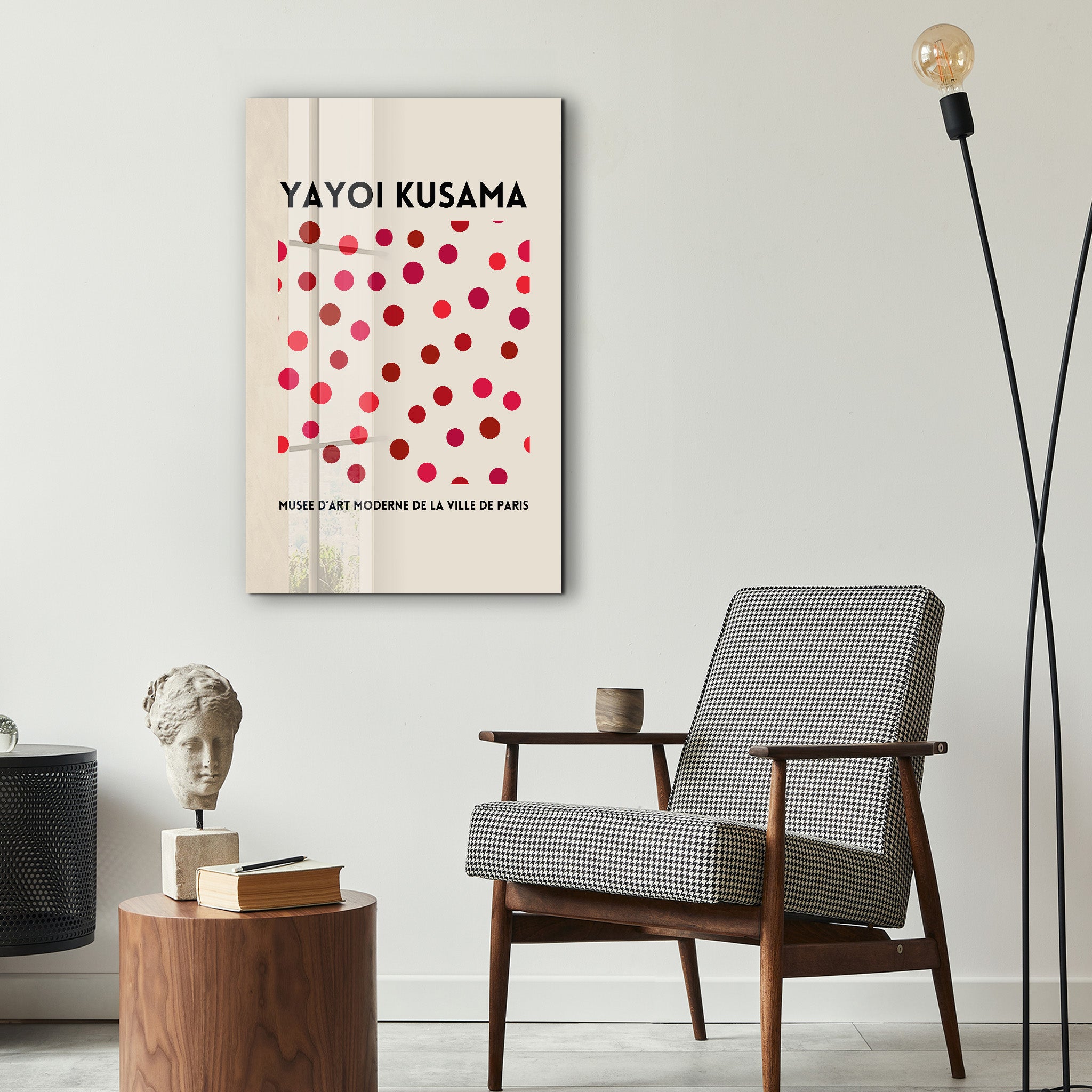 Yayoi Kusama pink dots Japanese pop art glass wall art by Artdesigna featuring vibrant pink polka dot patterns on clear glass.