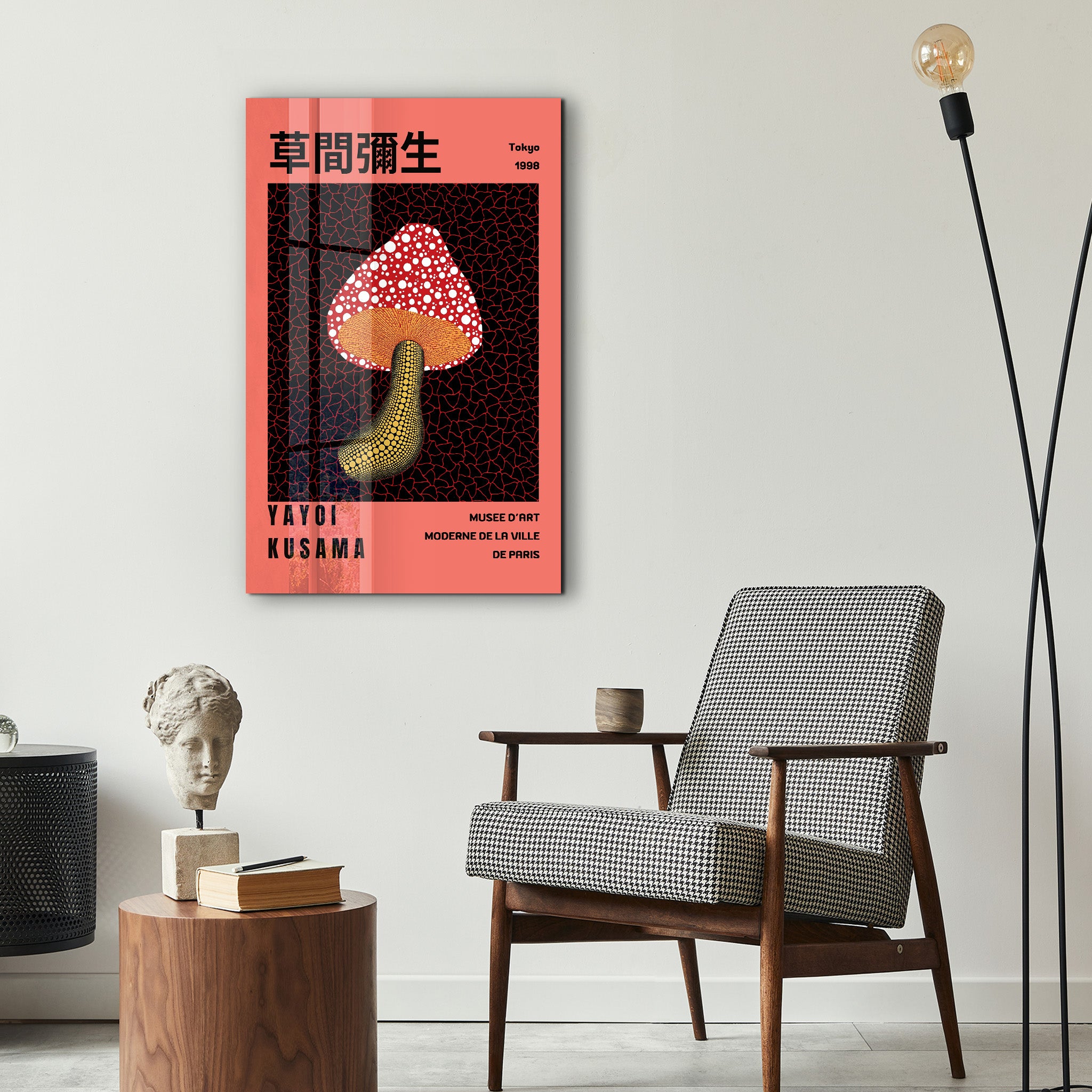 Yayoi Kusama red mushroom glass wall art by Artdesigna featuring vibrant pop art design on clear glass panel