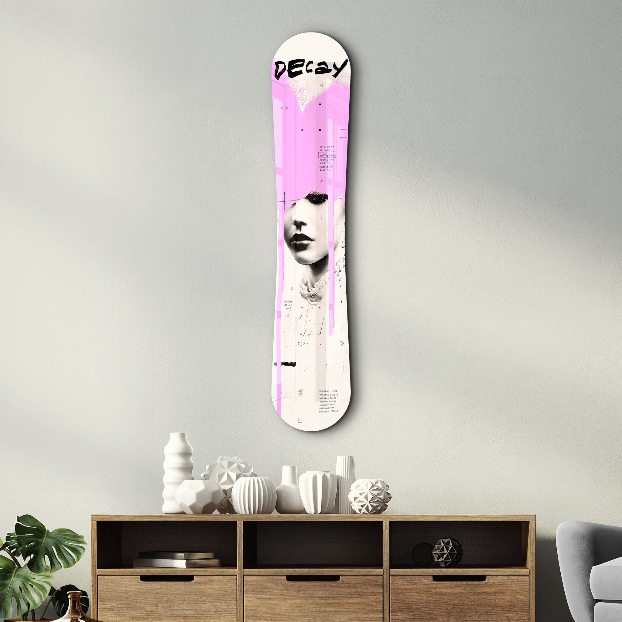 Pink graffiti portrait glass wall art featuring vibrant street art design by Artdesigna for modern home decor.