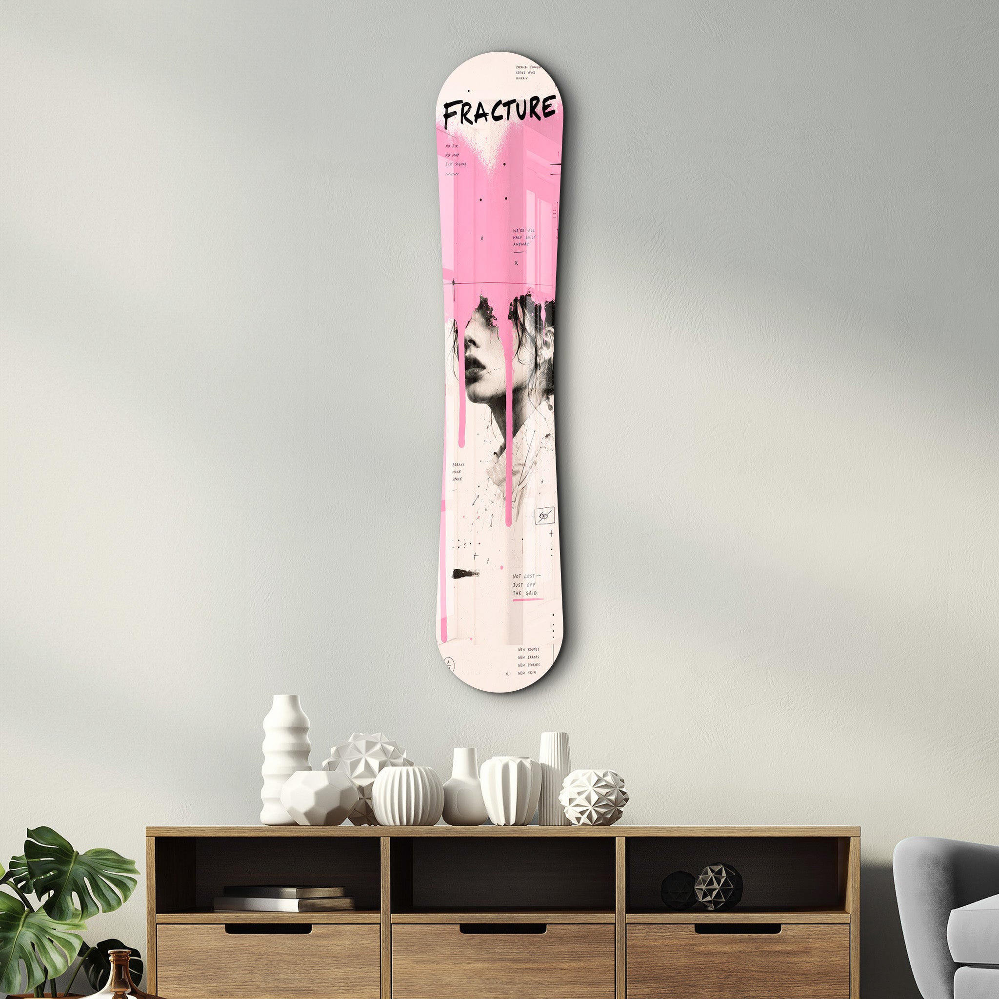 Pink grunge portrait snowboard glass wall art by Artdesigna featuring a vibrant, edgy design suitable for modern decor.