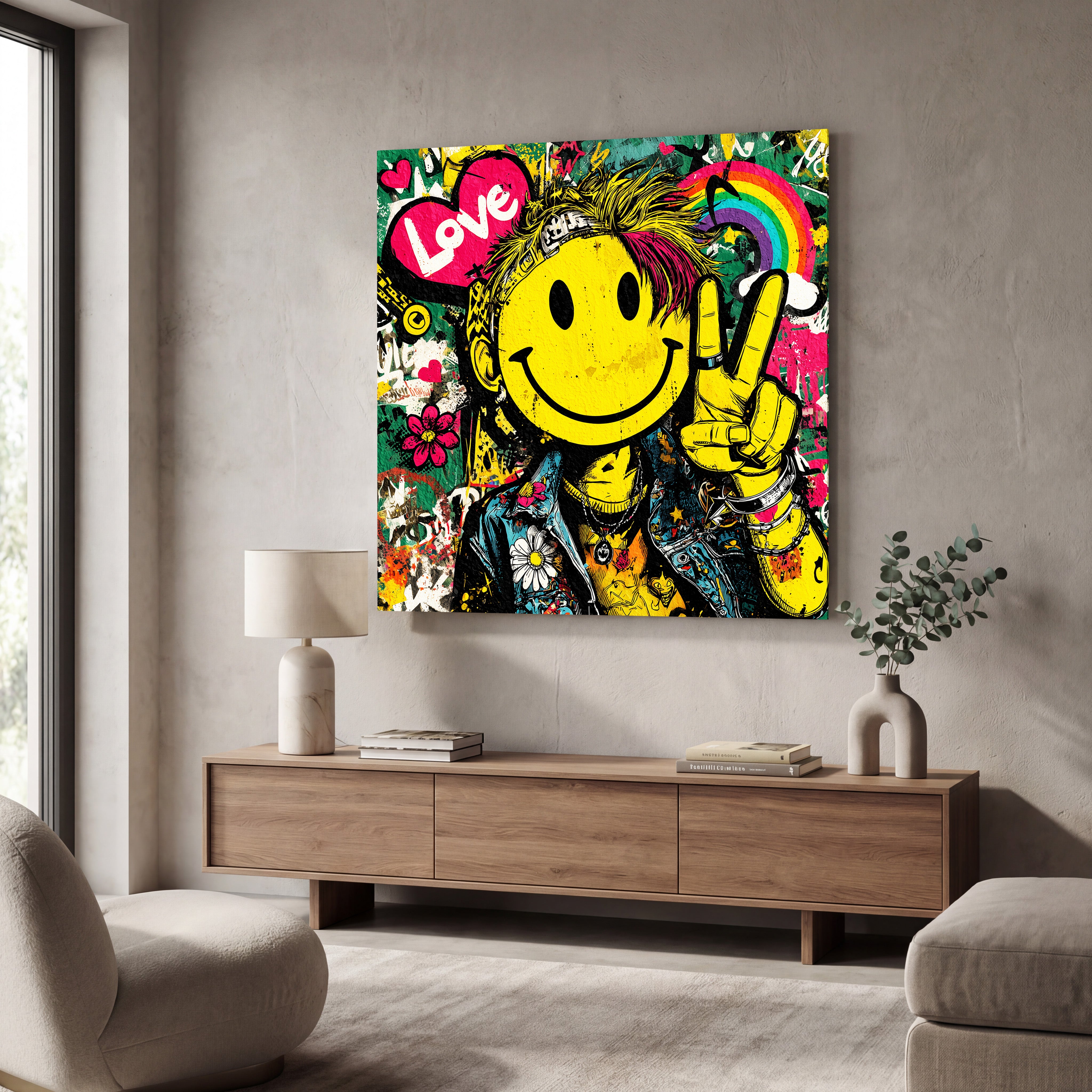 Colorful graffiti-style glass wall art featuring square pop art design by Artdesigna, perfect for modern wall decor.