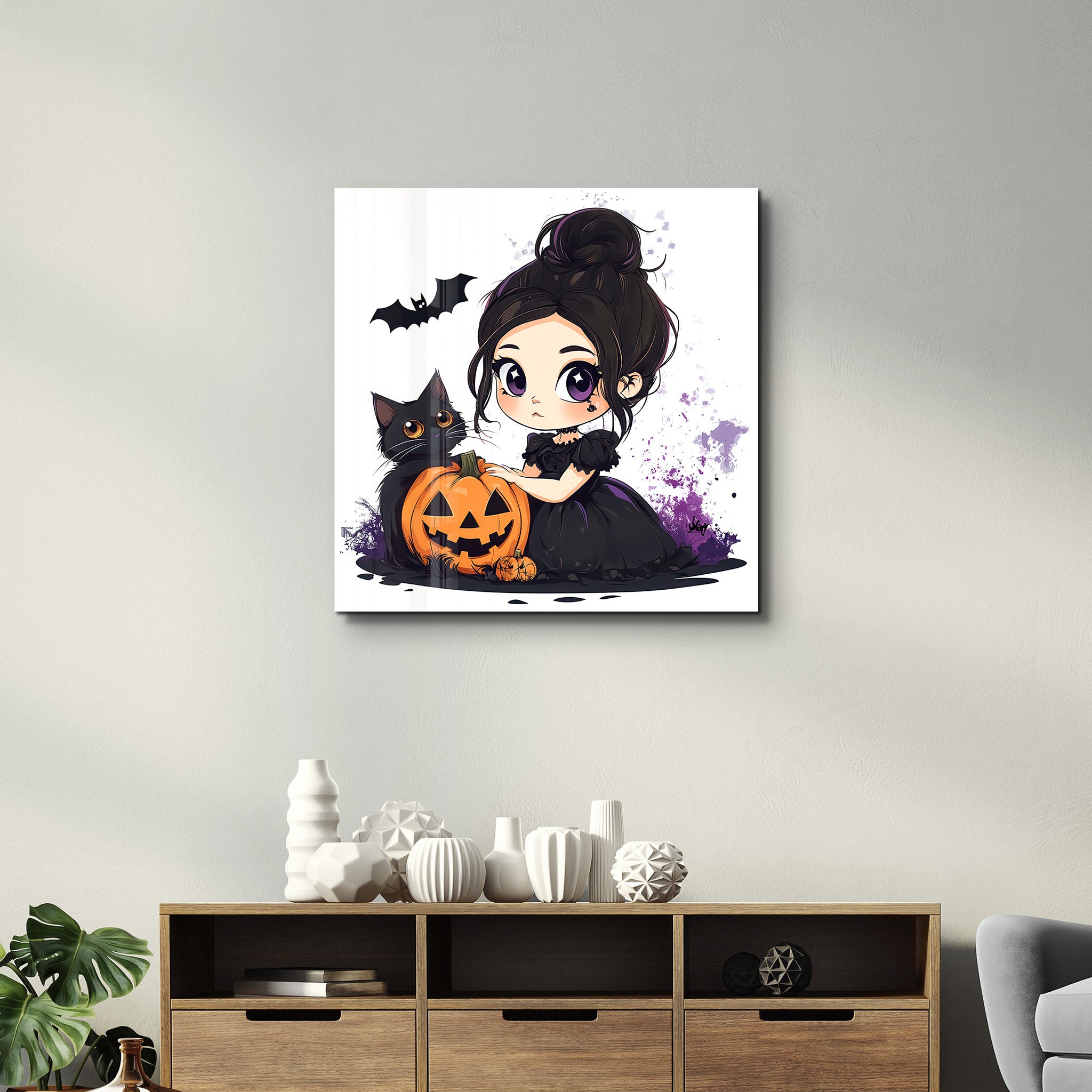 Lil' Witch and Her Pumpkin Pal | Halloween Style Glass Wall Art - Artdesigna