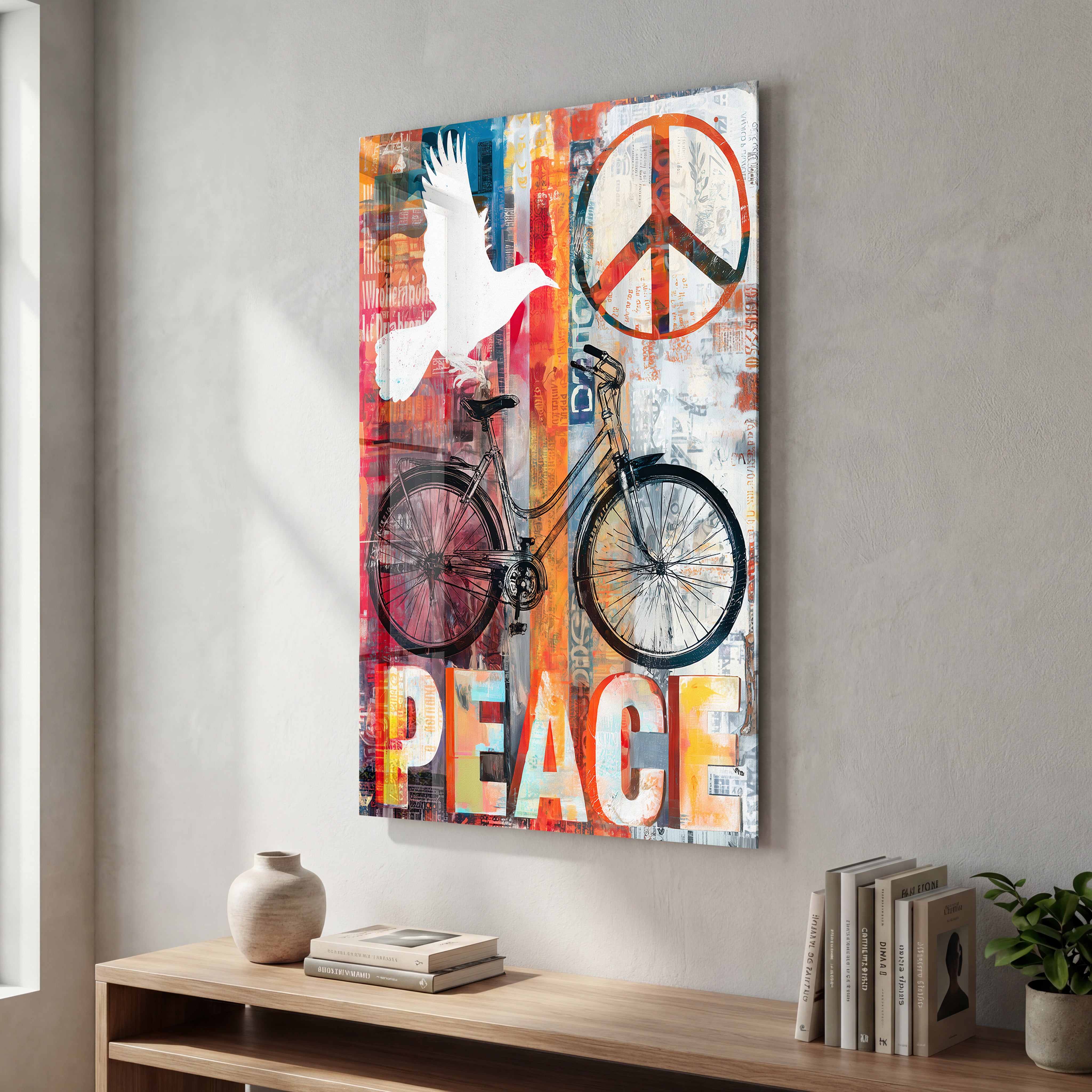 Colorful glass wall art featuring a Peace Ride urban bicycle collage, framed as a modern decorative piece by Artdesigna.