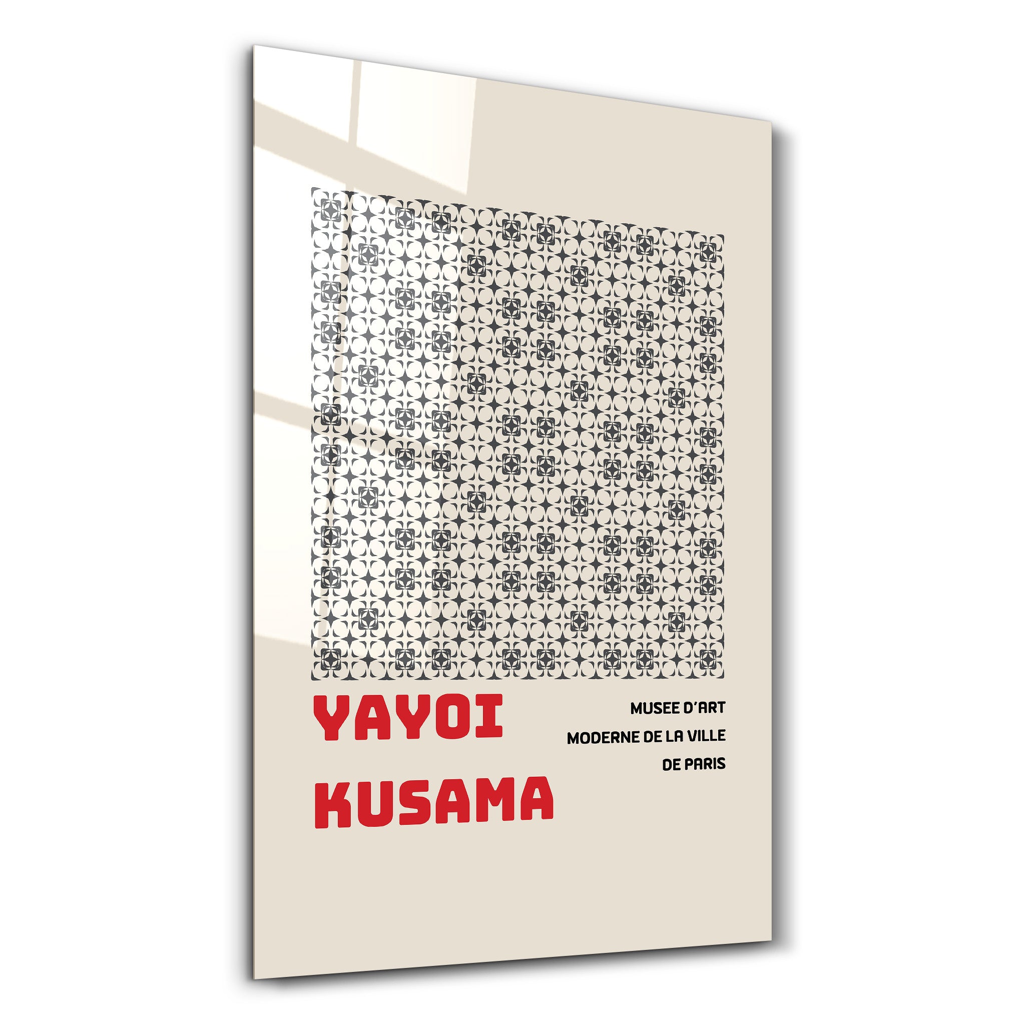 Yayoi Kusama monochrome pattern glass wall art by Artdesigna featuring Japanese pop art design and intricate black and white motifs.