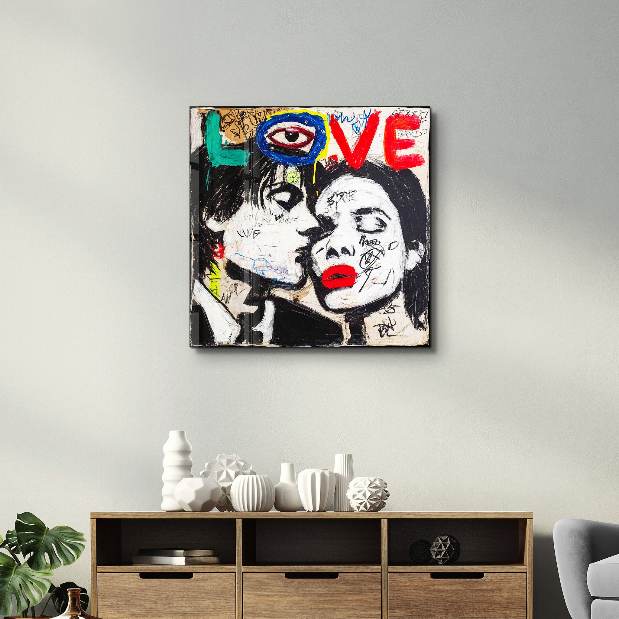 Love Urban Kiss Square Glass Wall Art by Artdesigna, featuring vibrant urban-themed design on clear glass.