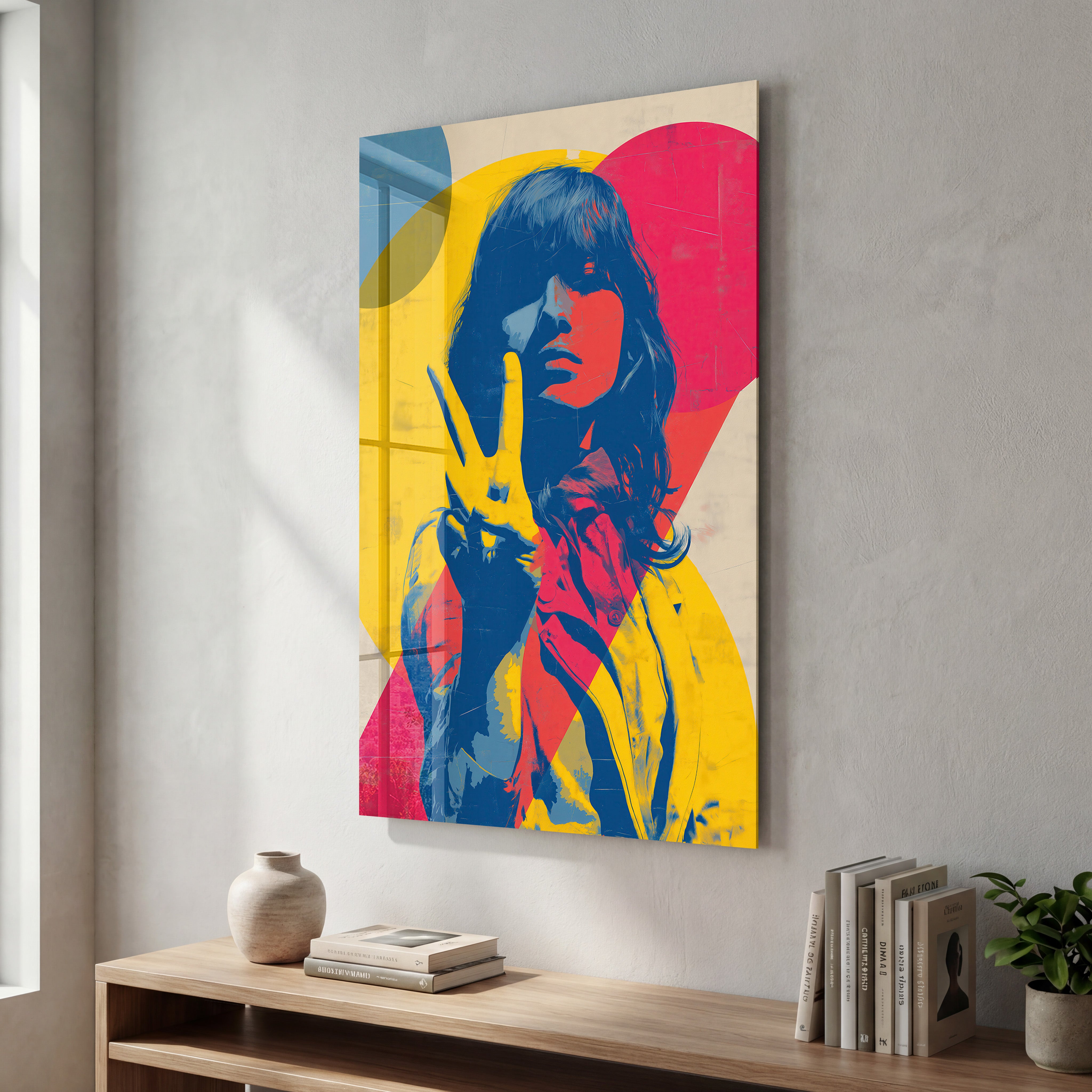 Peace Muse bold pop portrait art glass wall art by Artdesigna featuring vibrant colors and modern design on clear glass background