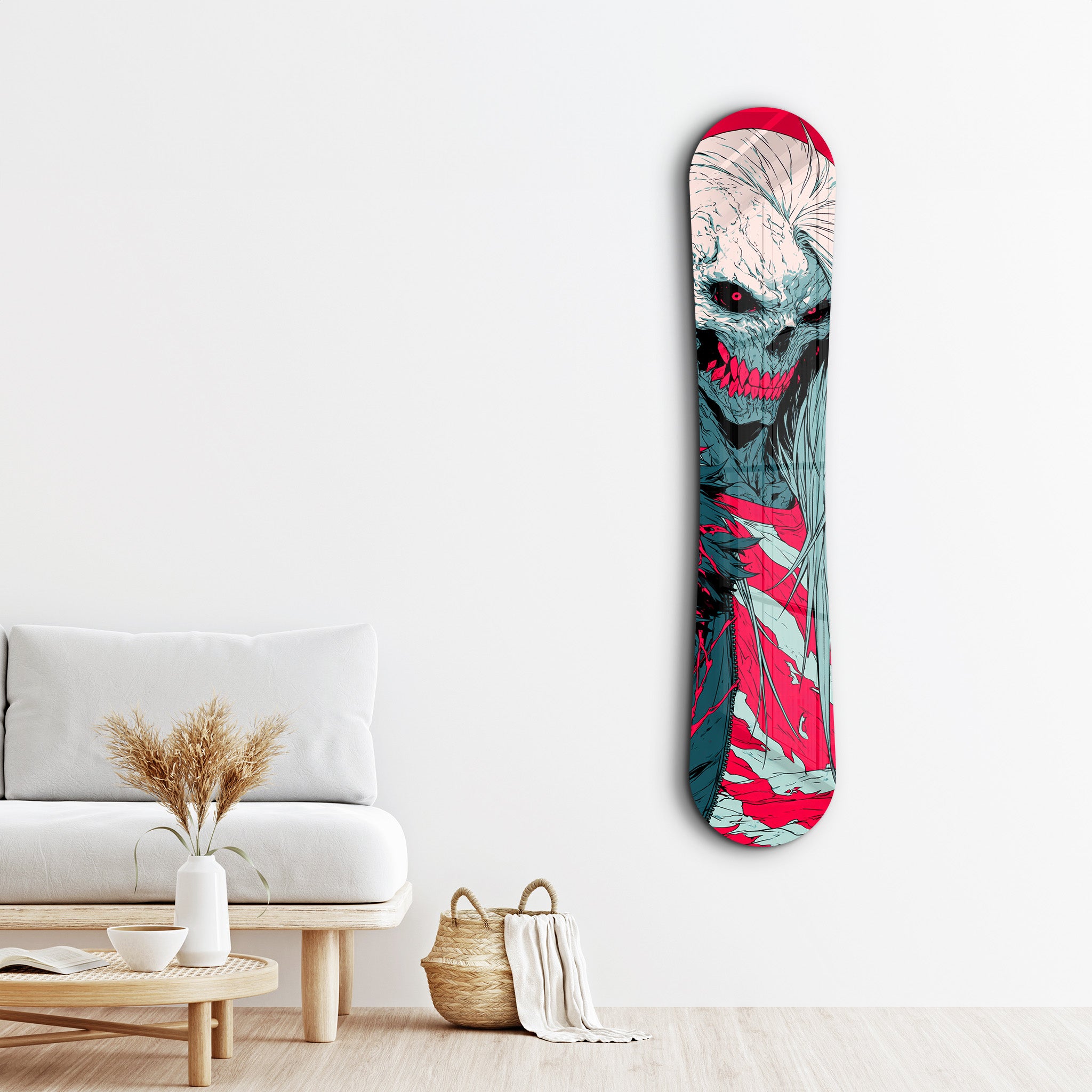 Neon Reaper snowboard-themed glass wall art by Artdesigna featuring a vibrant, illuminated reaper design on clear glass.
