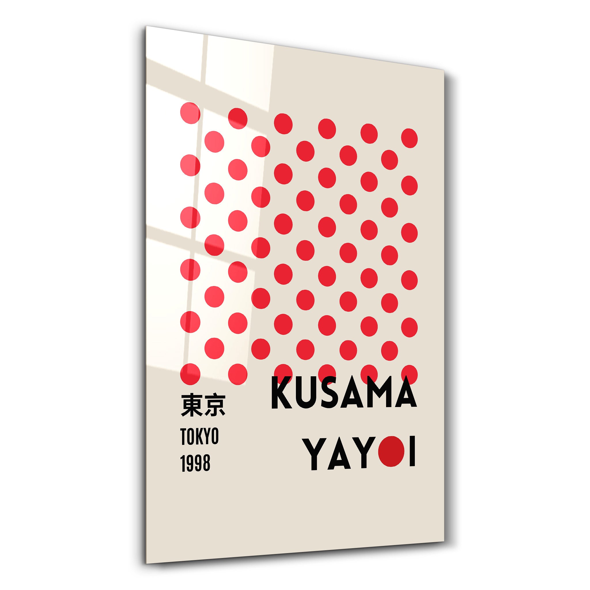 Glass wall art by Artdesigna featuring Yayoi Kusama's red dots Tokyo 1998 Japanese pop art design.