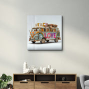 Retro van glass wall art by Artdesigna featuring a colorful peace journey design in a square shape.