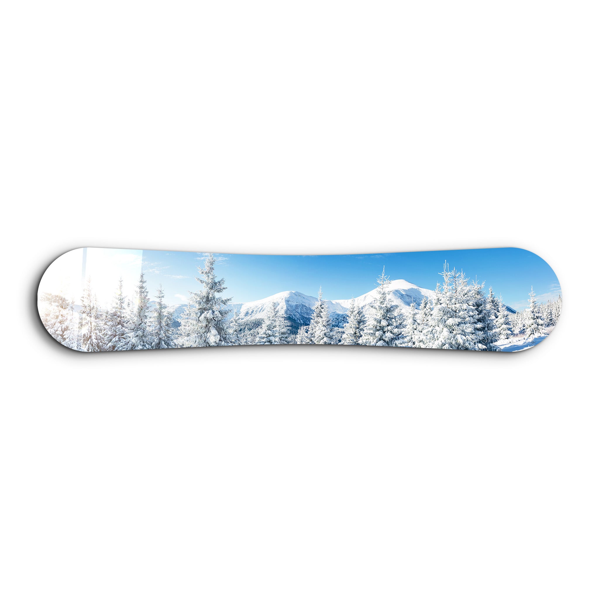 Snowy alpine landscape glass wall art featuring a snow-covered mountain scene, ideal for snowboard and mountain decor.