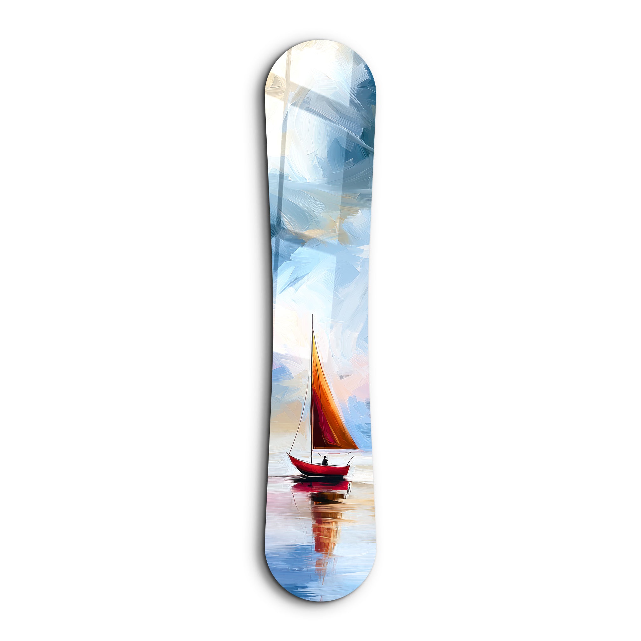 Minimal sailboat snowboarding glass wall art by Artdesigna, featuring a sleek sailboat design on a clear glass panel.