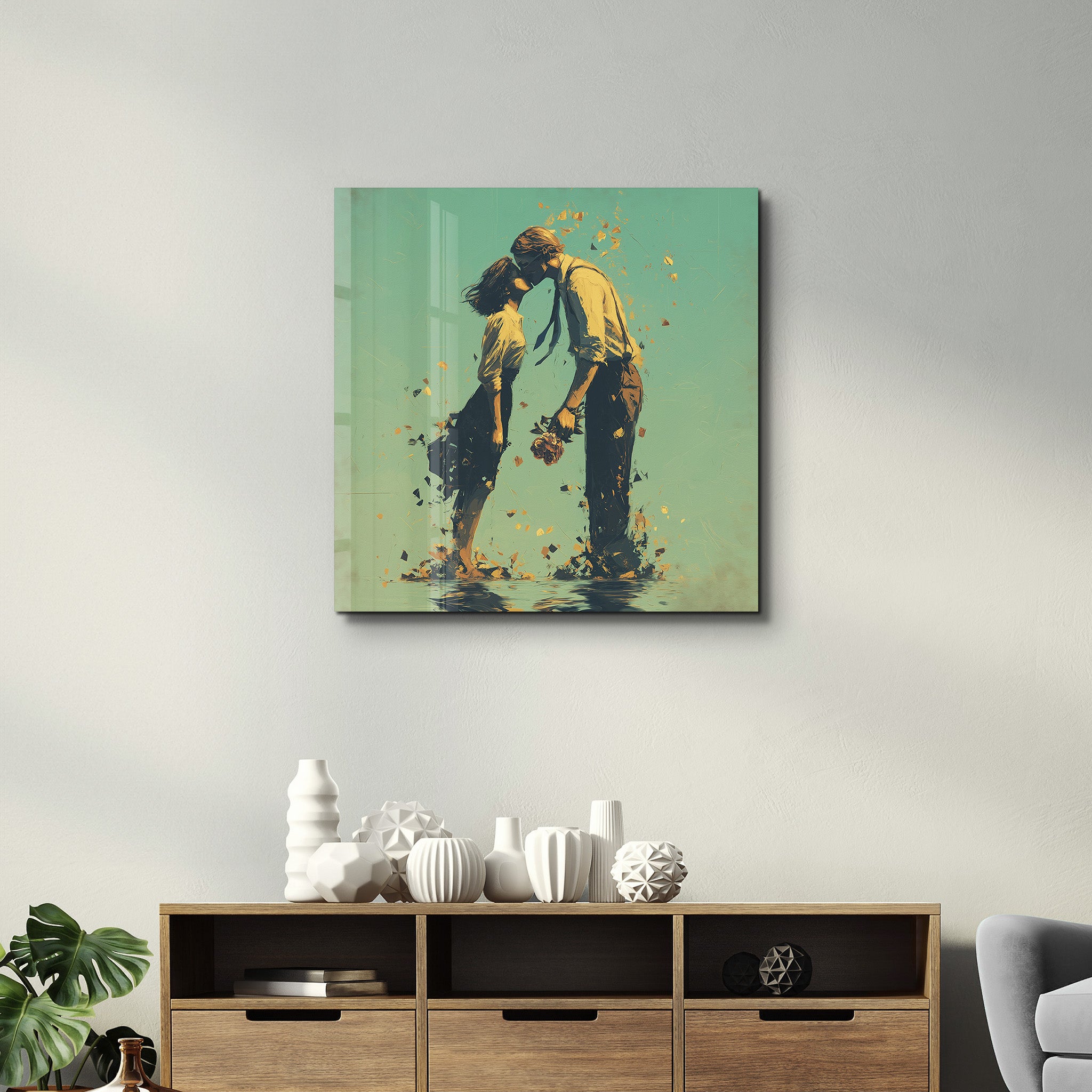 Romantic square glass wall art featuring a couple's silhouette in a first kiss scene, by Artdesigna.
