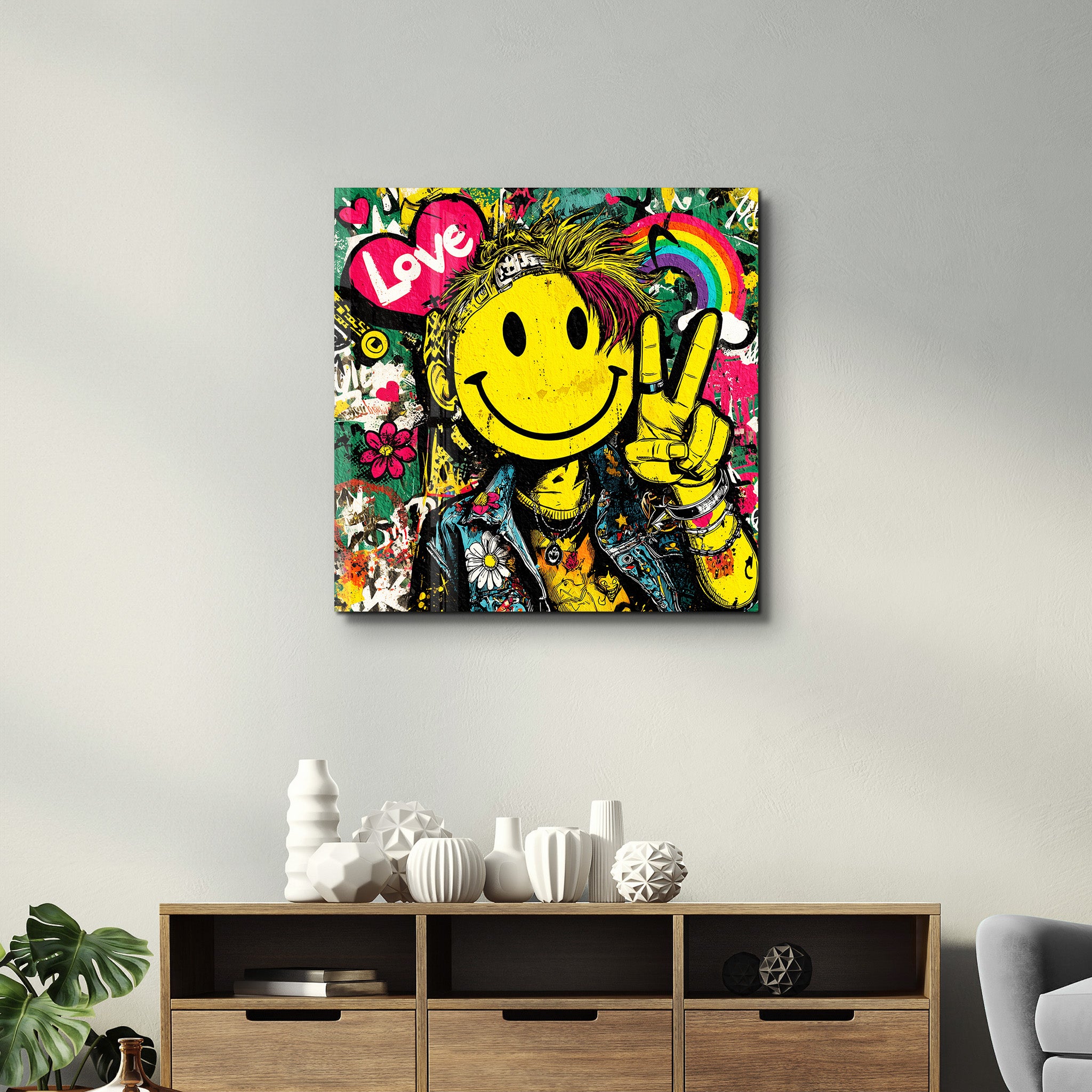 Colorful Smile Rebel pop graffiti square glass wall art by Artdesigna, featuring vibrant abstract graffiti design on clear glass.