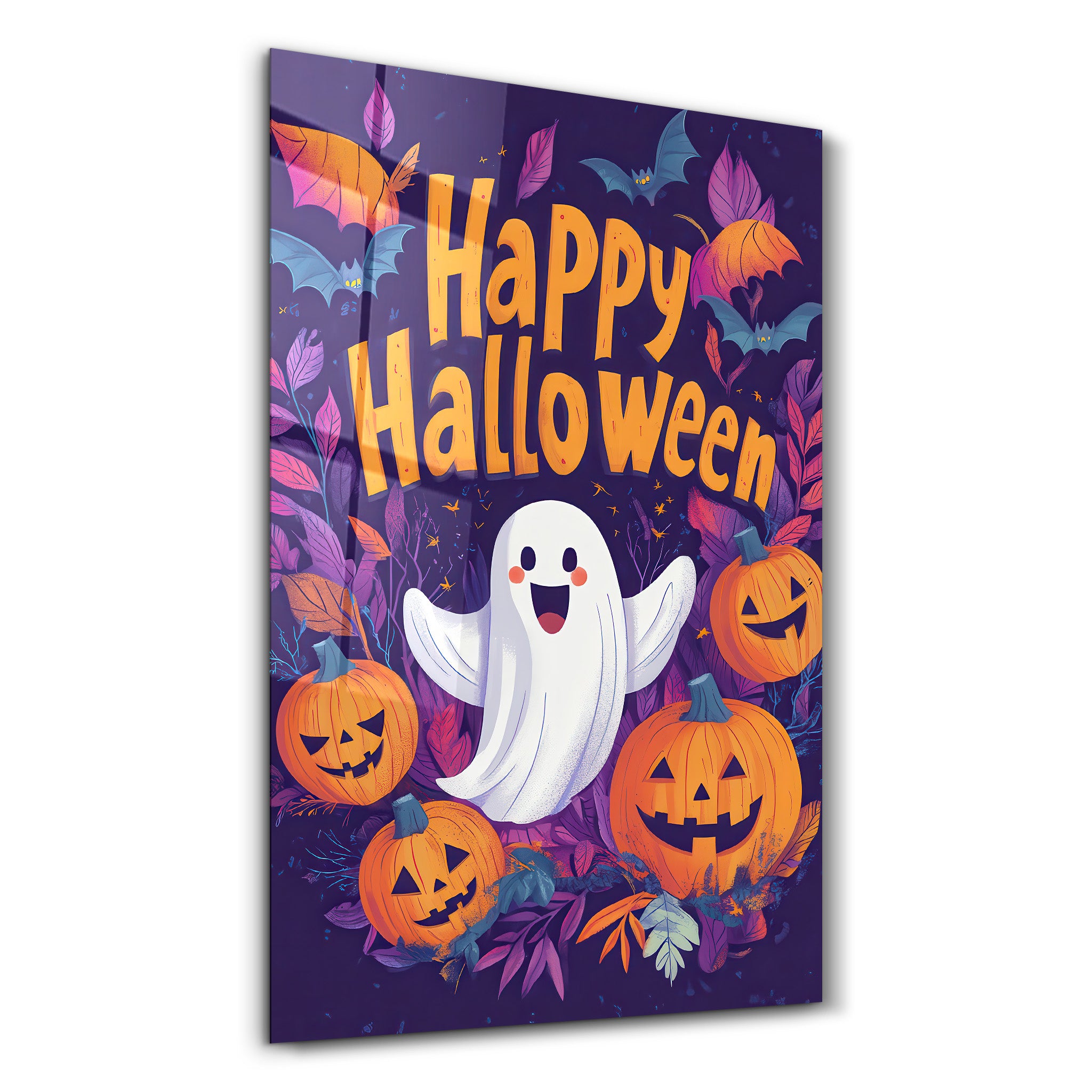 Cheerful Ghost Happy Halloween | Glass Wall Art - Artdesigna