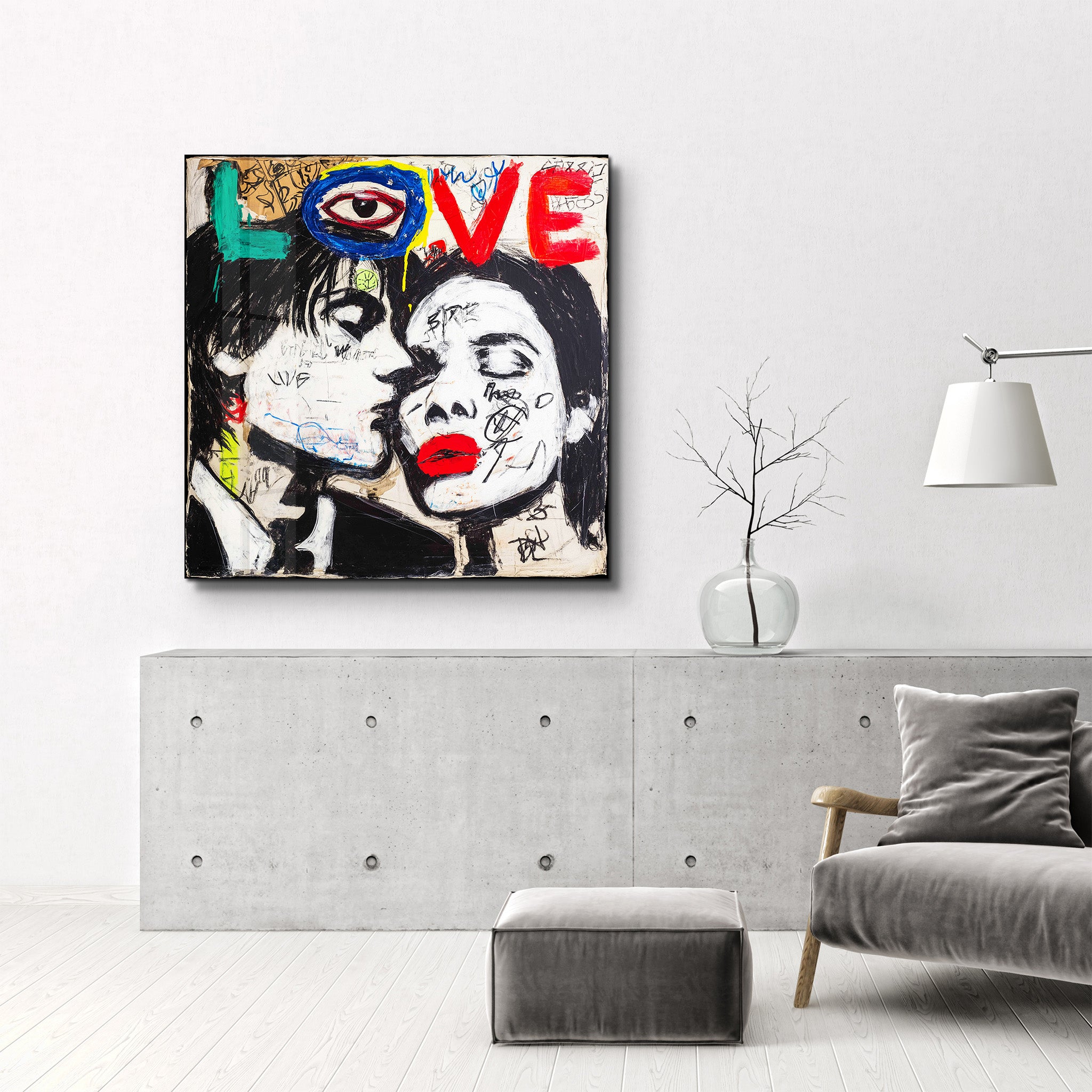 Love Urban Kiss Square Art glass wall art by Artdesigna featuring a vibrant cityscape design on clear glass.