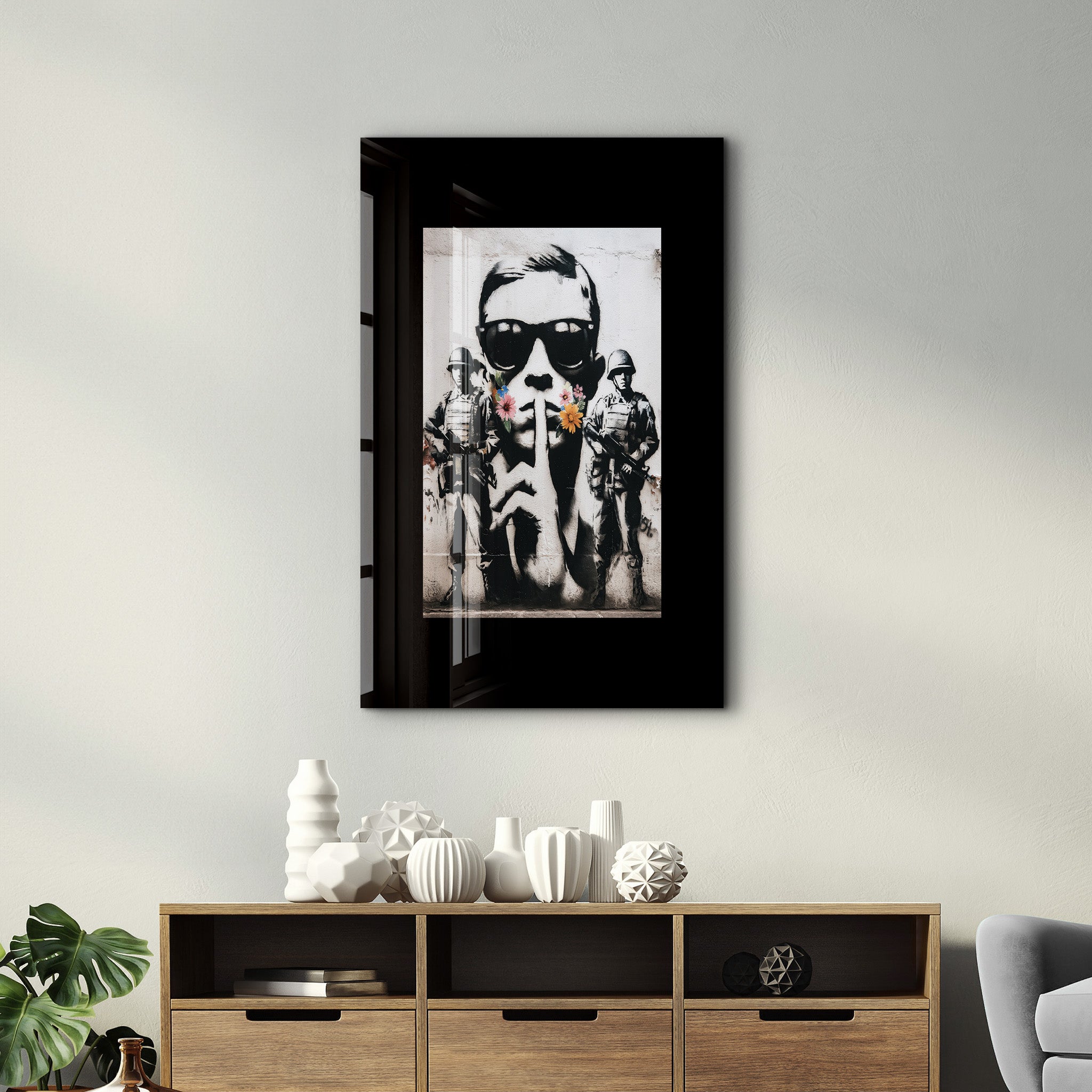 Silent Rebellion Urban Protest glass wall art by Artdesigna featuring vibrant street art design on clear glass.