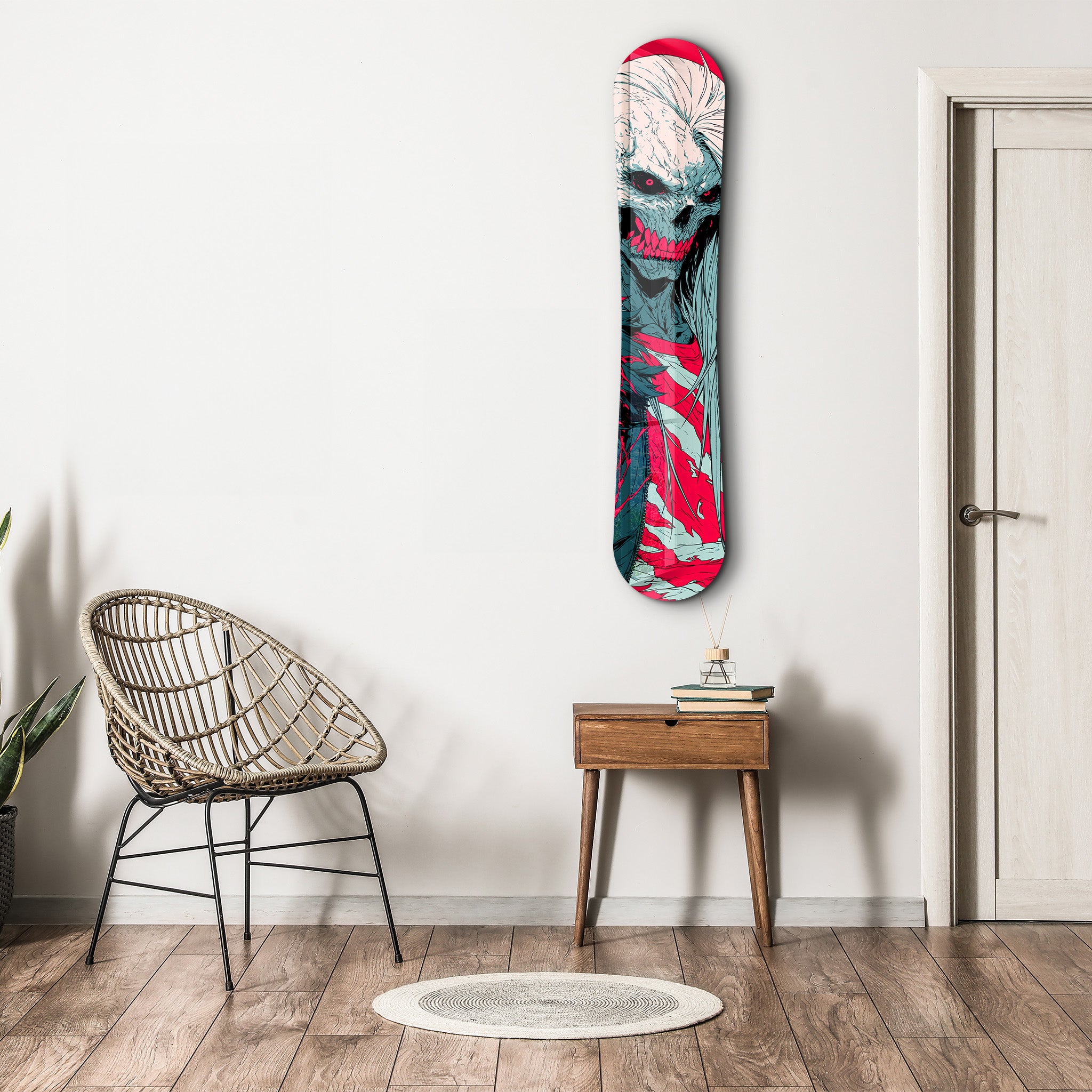 Neon Reaper snowboarding glass wall art by Artdesigna, featuring a vibrant, colorful snowboarder silhouette design on clear glass.