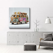 Glass wall art featuring a retro van design titled Peace Journey, square shape by Artdesigna, suitable for modern decor.