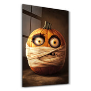 Pumpkin Mummy Mischief | Halloween Glass Wall Art - Artdesigna