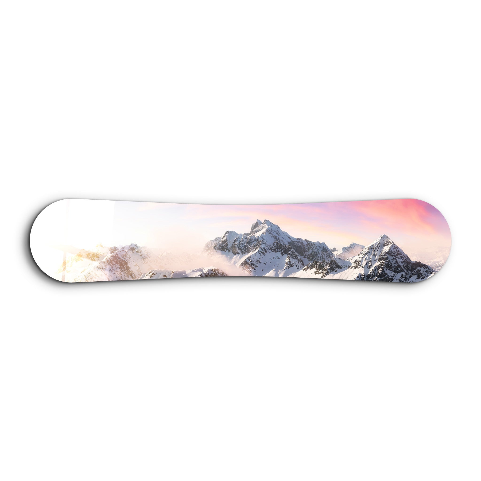 Sunrise Alpine Peaks snowboard glass wall art by Artdesigna, featuring mountain scene on clear glass with vibrant colors.