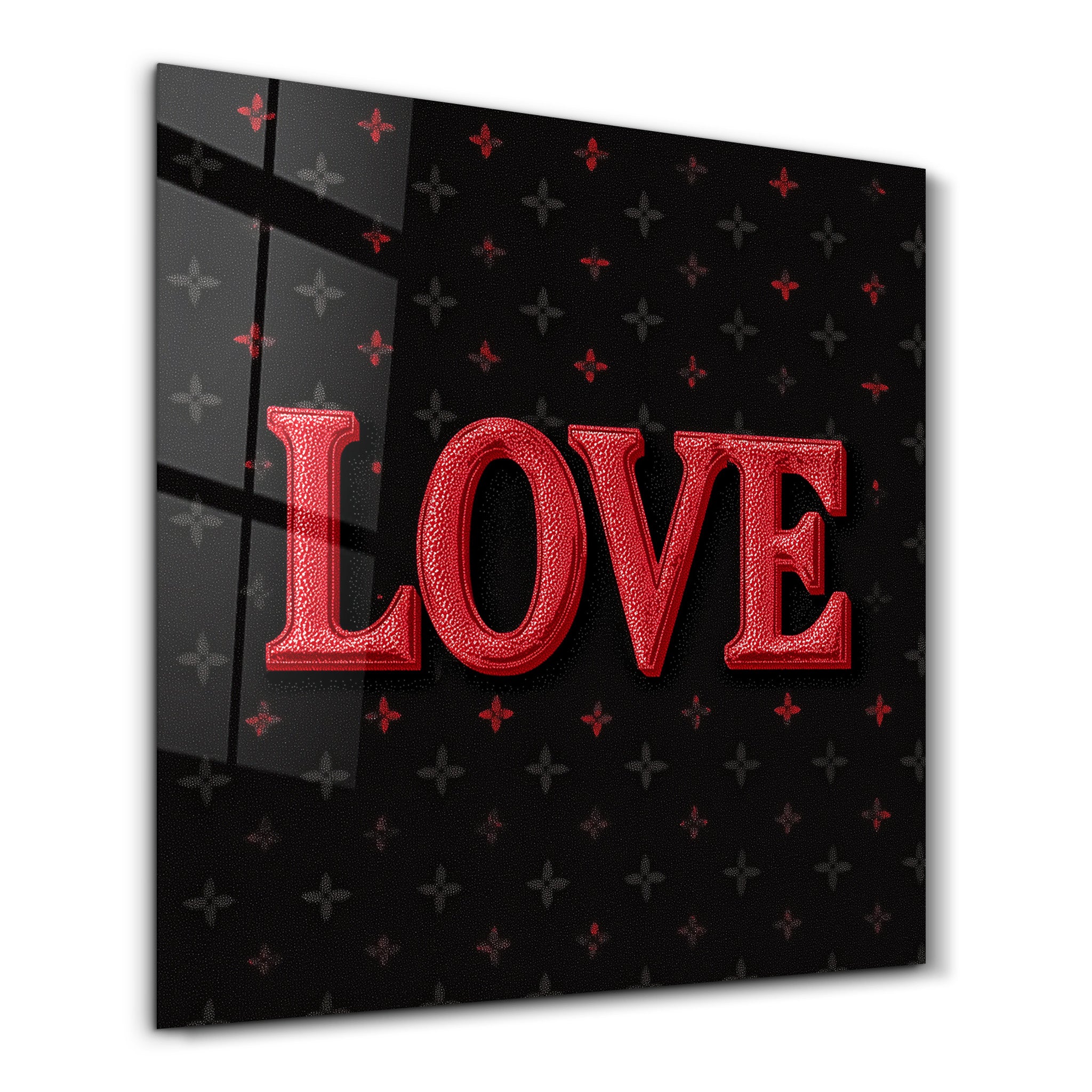 Glass wall art featuring midnight love-inspired square typography design by Artdesigna, with sleek glass finish and modern style.