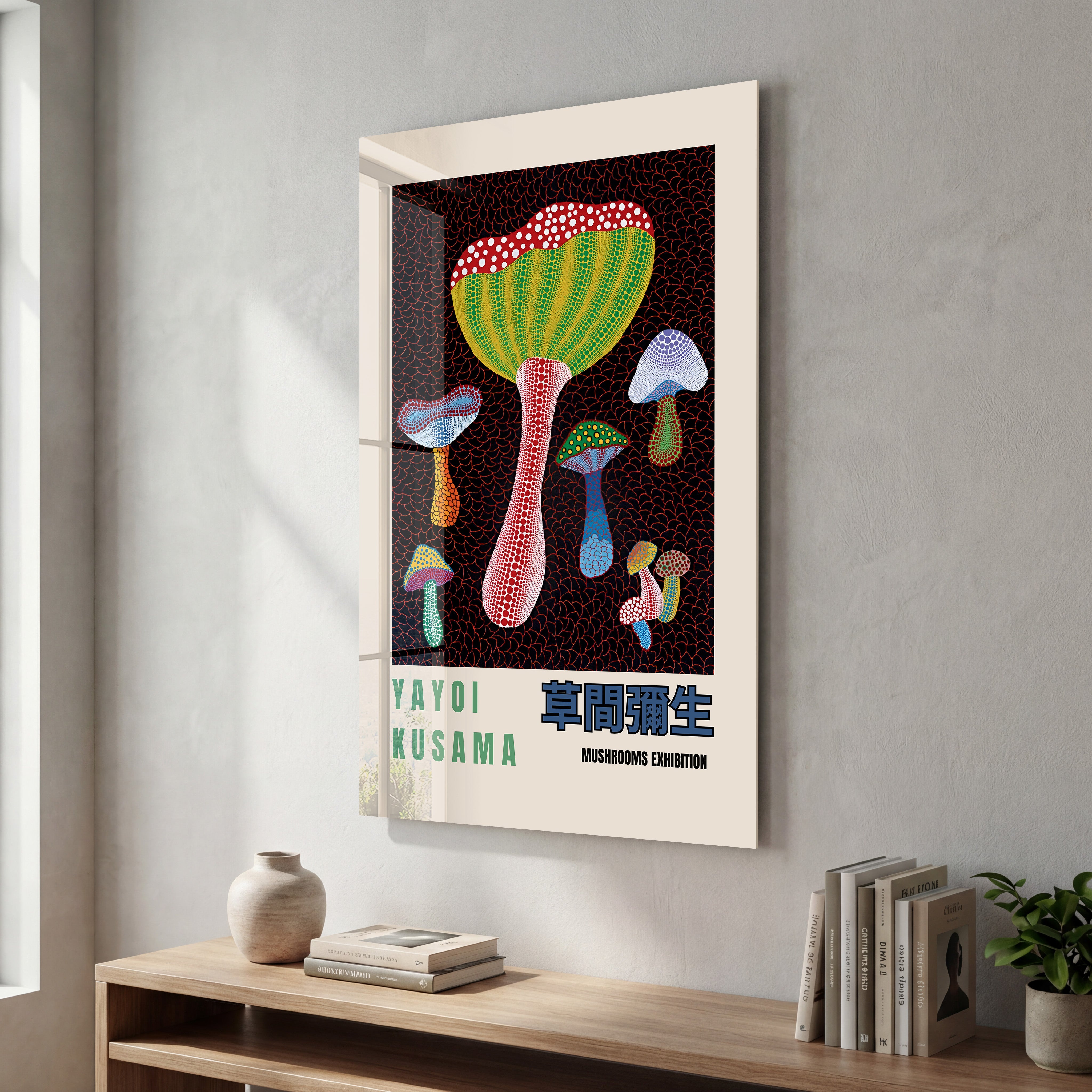 Colorful Yayoi Kusama mushroom glass wall art by Artdesigna featuring vibrant Japanese pop art style on a clear glass panel.