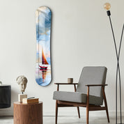 Minimal sailboat snowboard glass wall art by Artdesigna featuring a sleek sailboat design on clear glass.