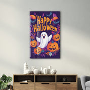 Cheerful Ghost Happy Halloween | Glass Wall Art - Artdesigna