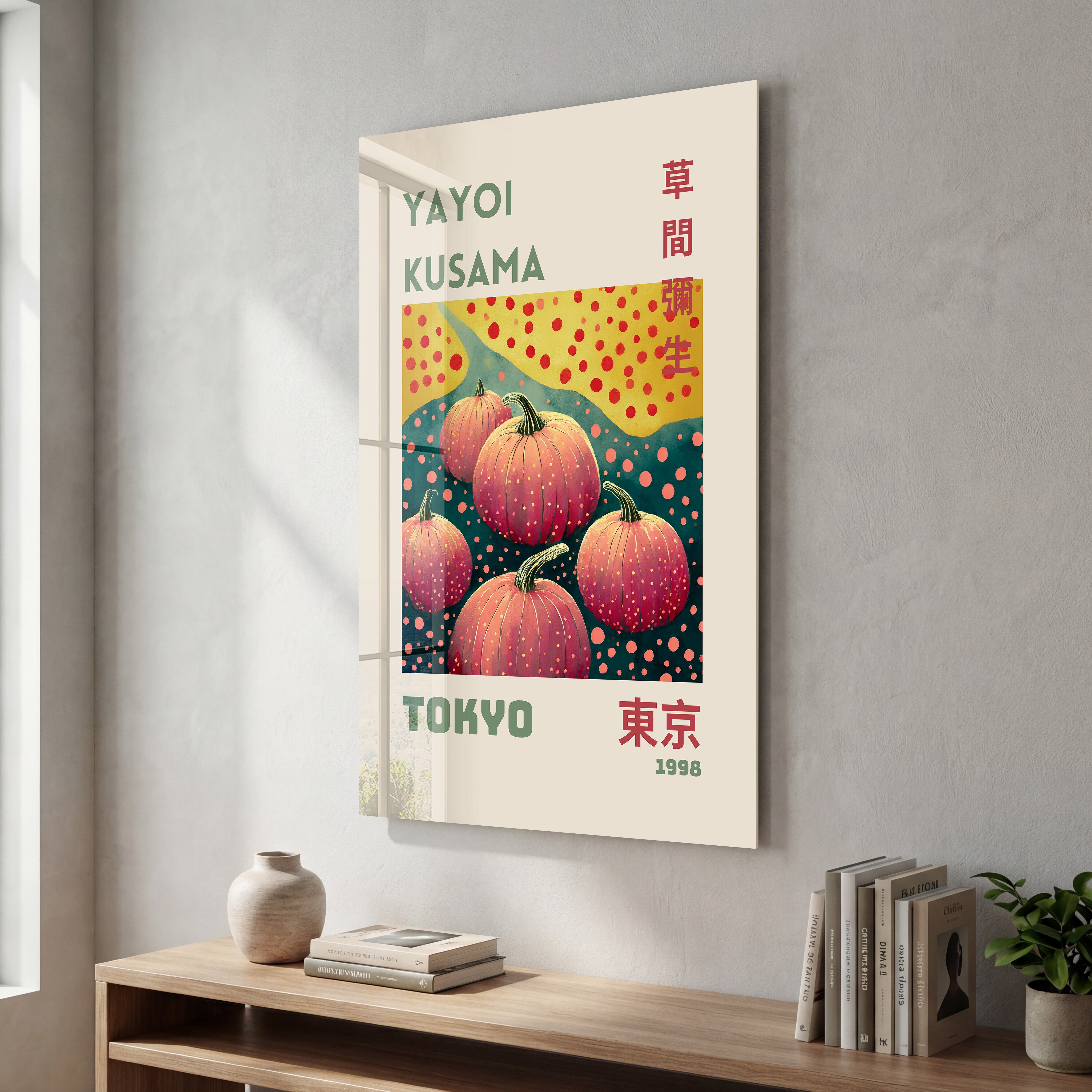 Yayoi Kusama Pumpkin Cluster glass wall art by Artdesigna featuring vibrant pop art pumpkin designs on clear glass panel.