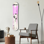Pink graffiti portrait snowboard glass wall art by Artdesigna, featuring vibrant graffiti-style artwork on clear glass.