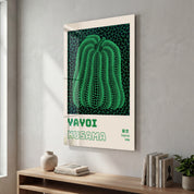 Yayoi Kusama green pumpkin glass wall art by Artdesigna featuring vibrant pop art design on clear glass surface.