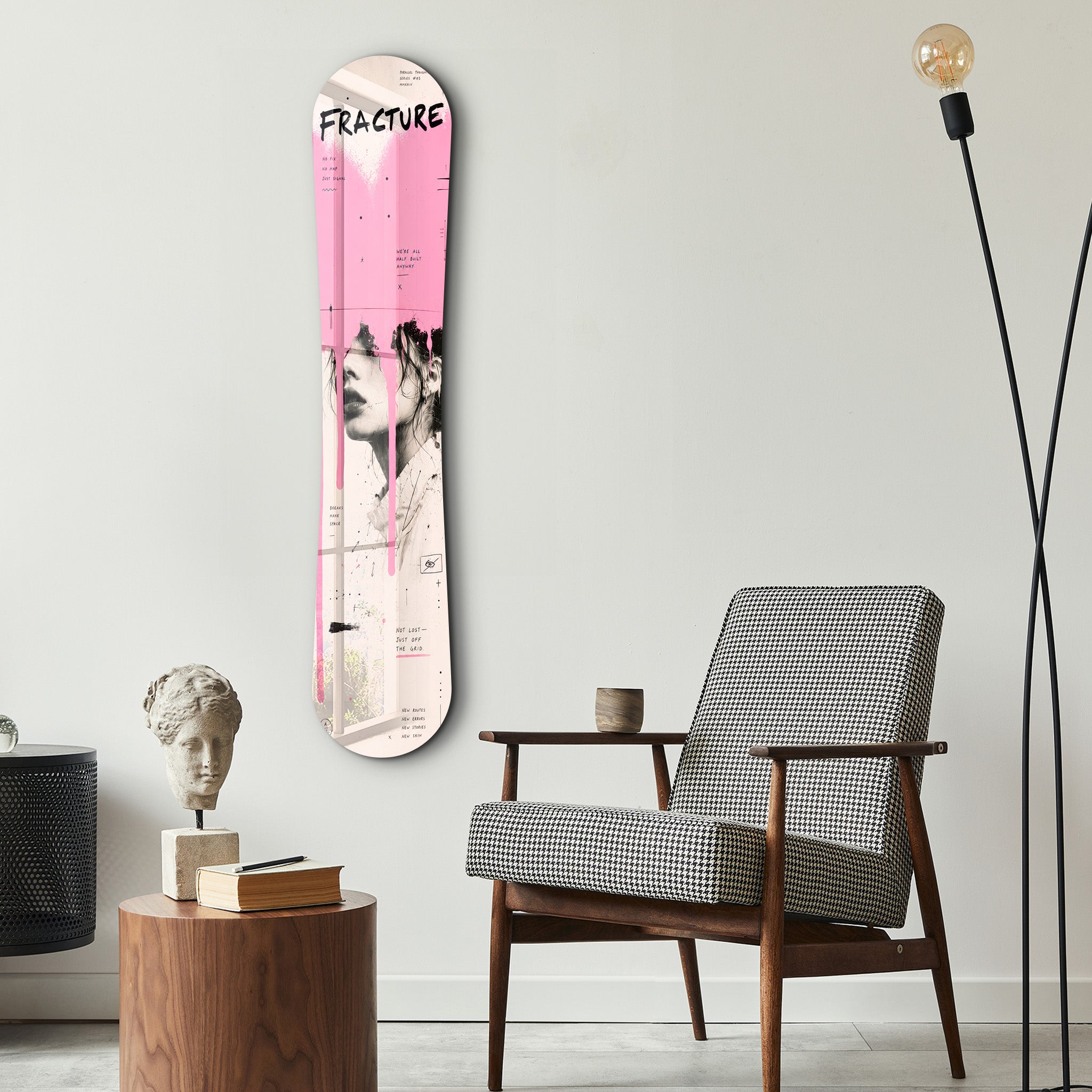 Pink grunge portrait glass wall art featuring a snowboard-themed design by Artdesigna, mounted on a sleek glass surface.
