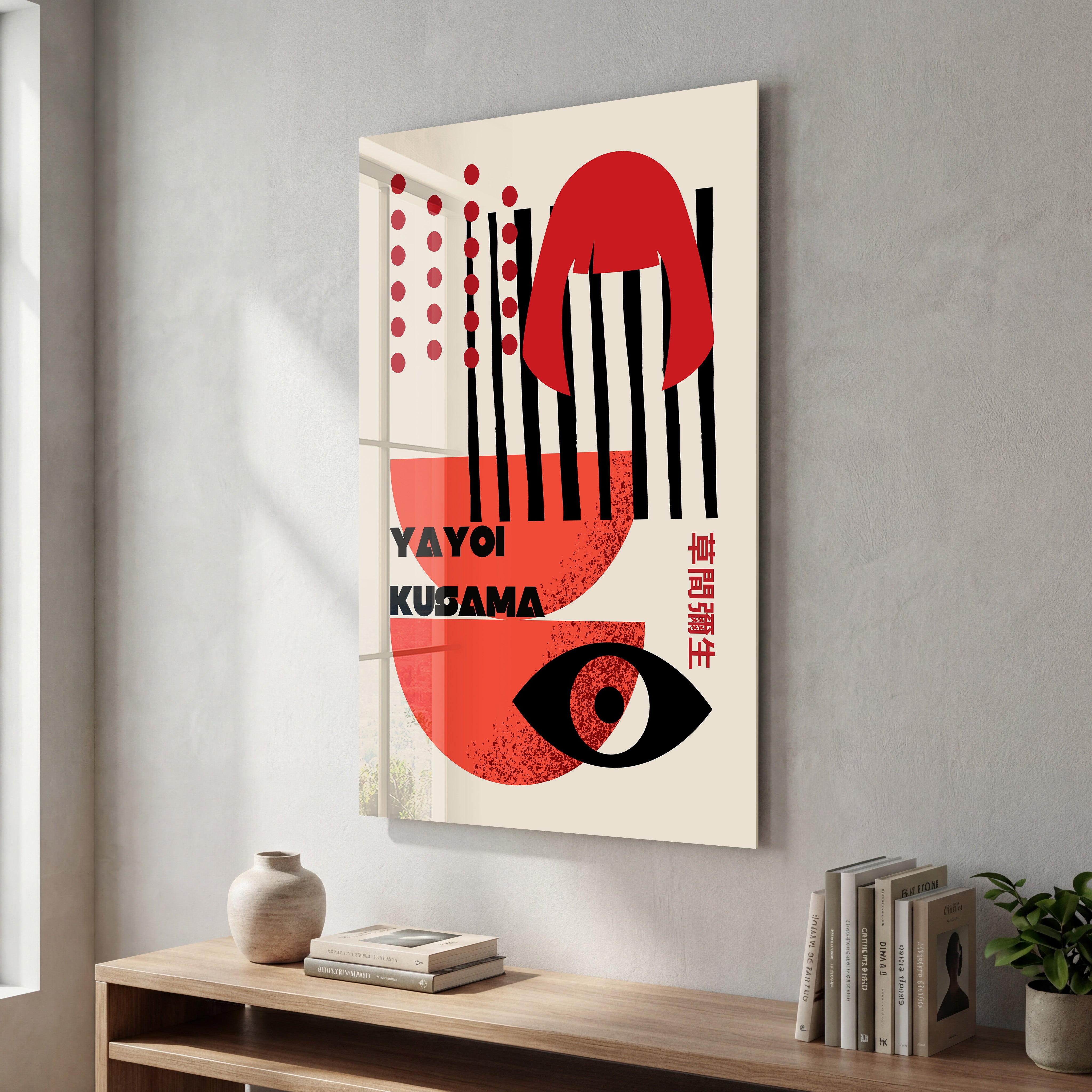Abstract face glass wall art by Yayoi Kusama featuring Japanese pop art style, designed by Artdesigna.