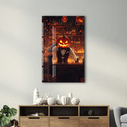 Pumpkin Bartender | Halloween Glass Wall Art - Artdesigna