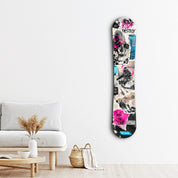 Artdesigna Ride Destroy snowboard glass wall art featuring a dynamic snowboard design on clear glass panel.