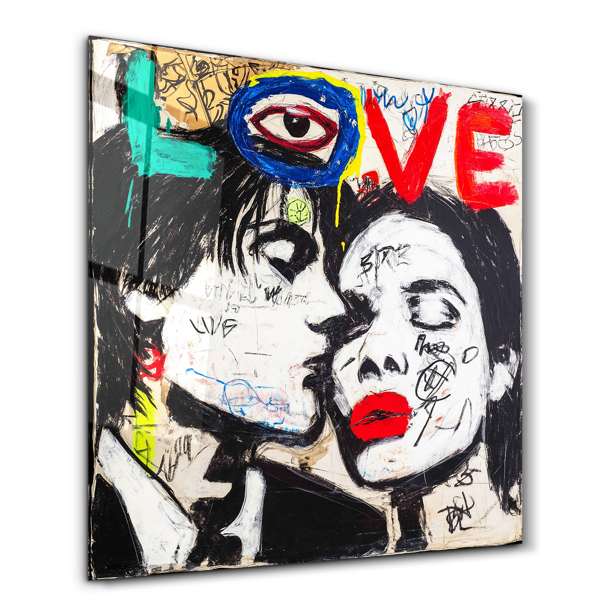 Love Urban Kiss Square glass wall art by Artdesigna featuring vibrant, modern urban kiss design in a sleek square frame.