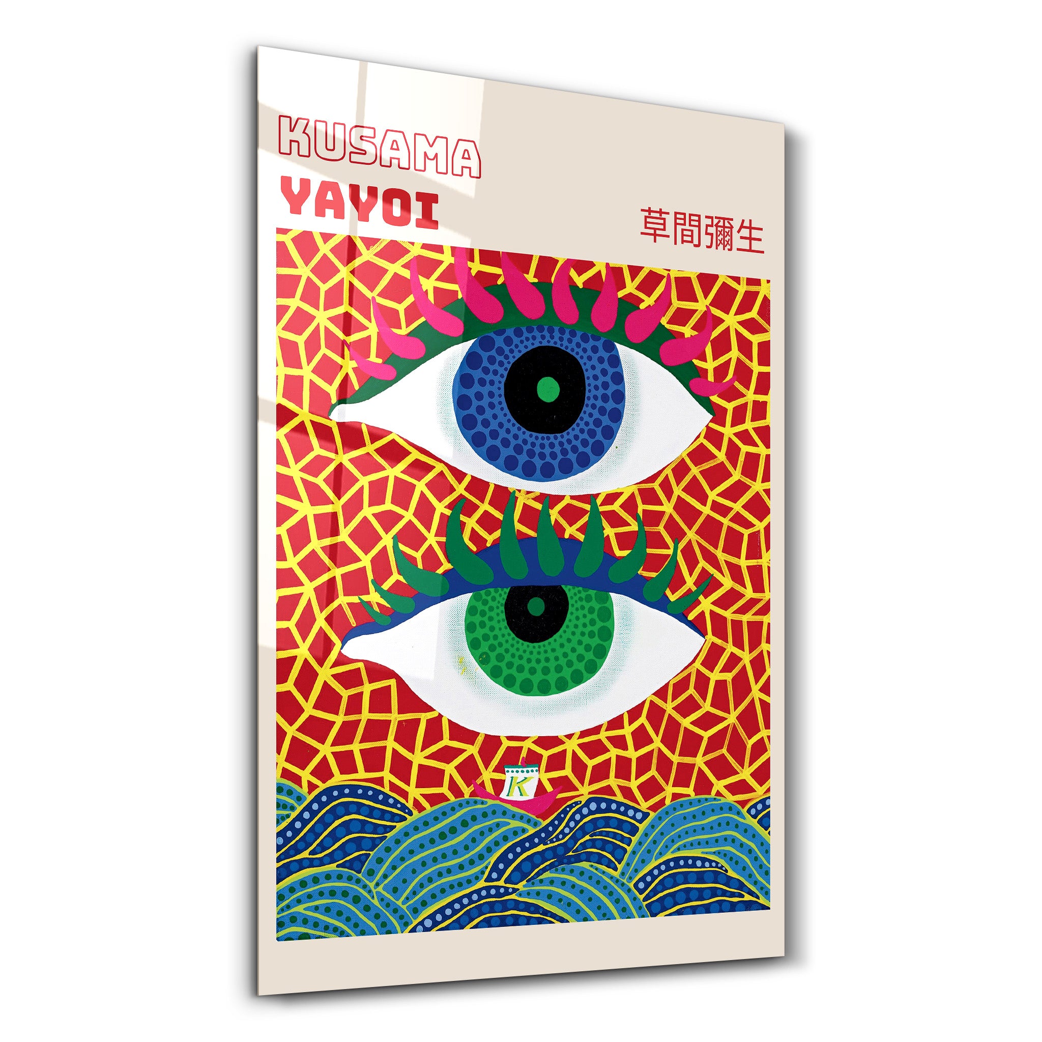Yayoi Kusama Double Eye Japanese pop art glass wall art by Artdesigna featuring vibrant, colorful eye designs on clear glass.