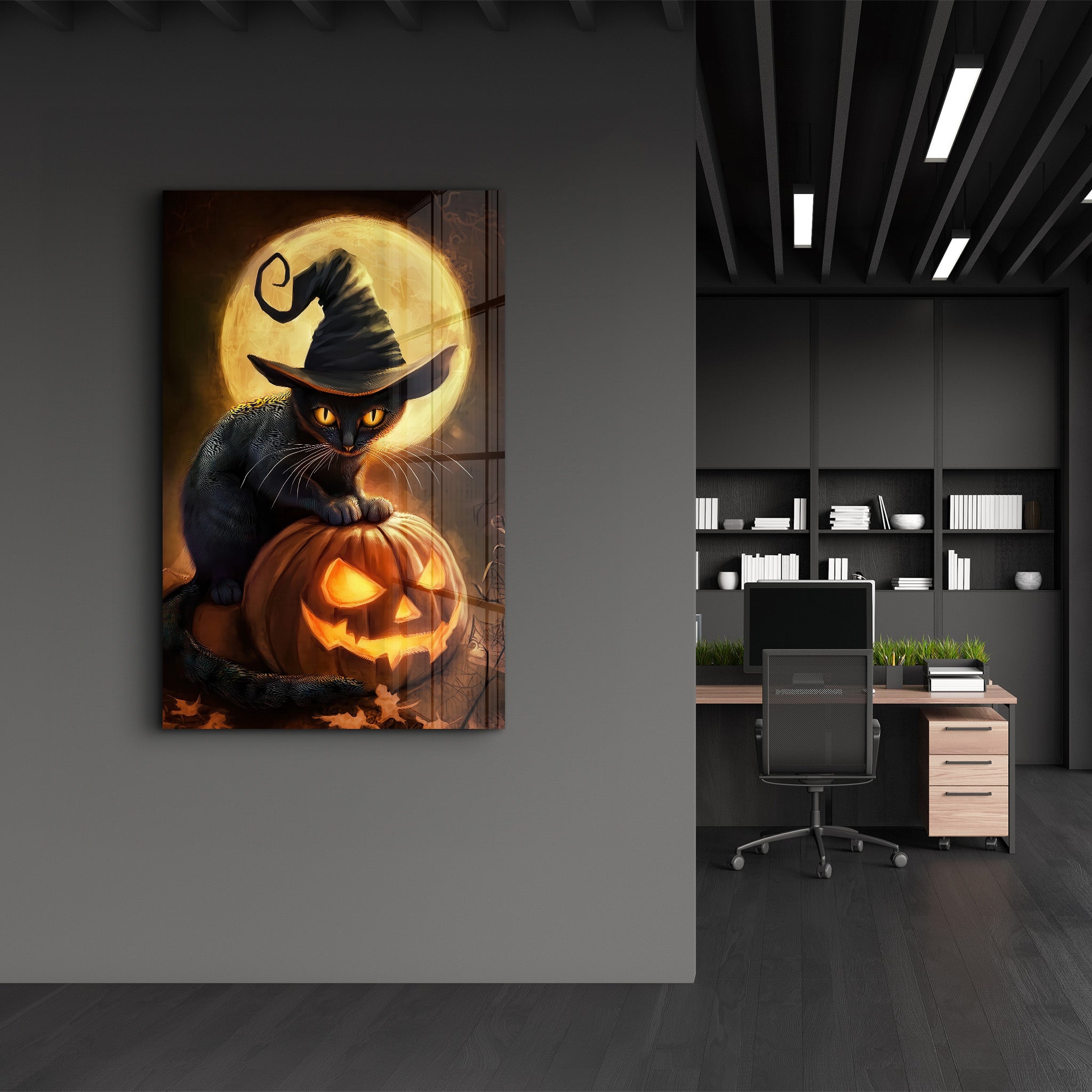 Kitty Witch | Halloween Glass Wall Art - Artdesigna